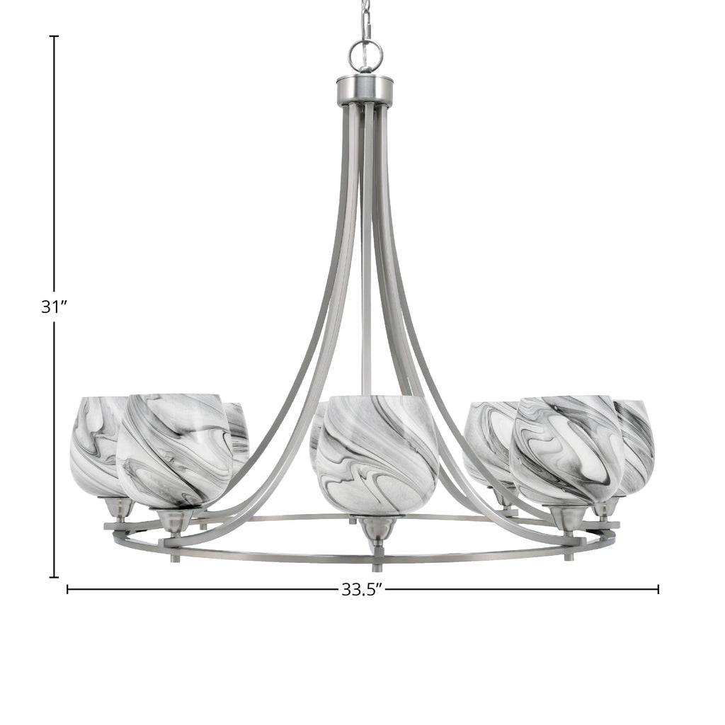 Paramount Eight Light Chandelier in Brushed Nickel with 6" Onyx Swirl Shade
