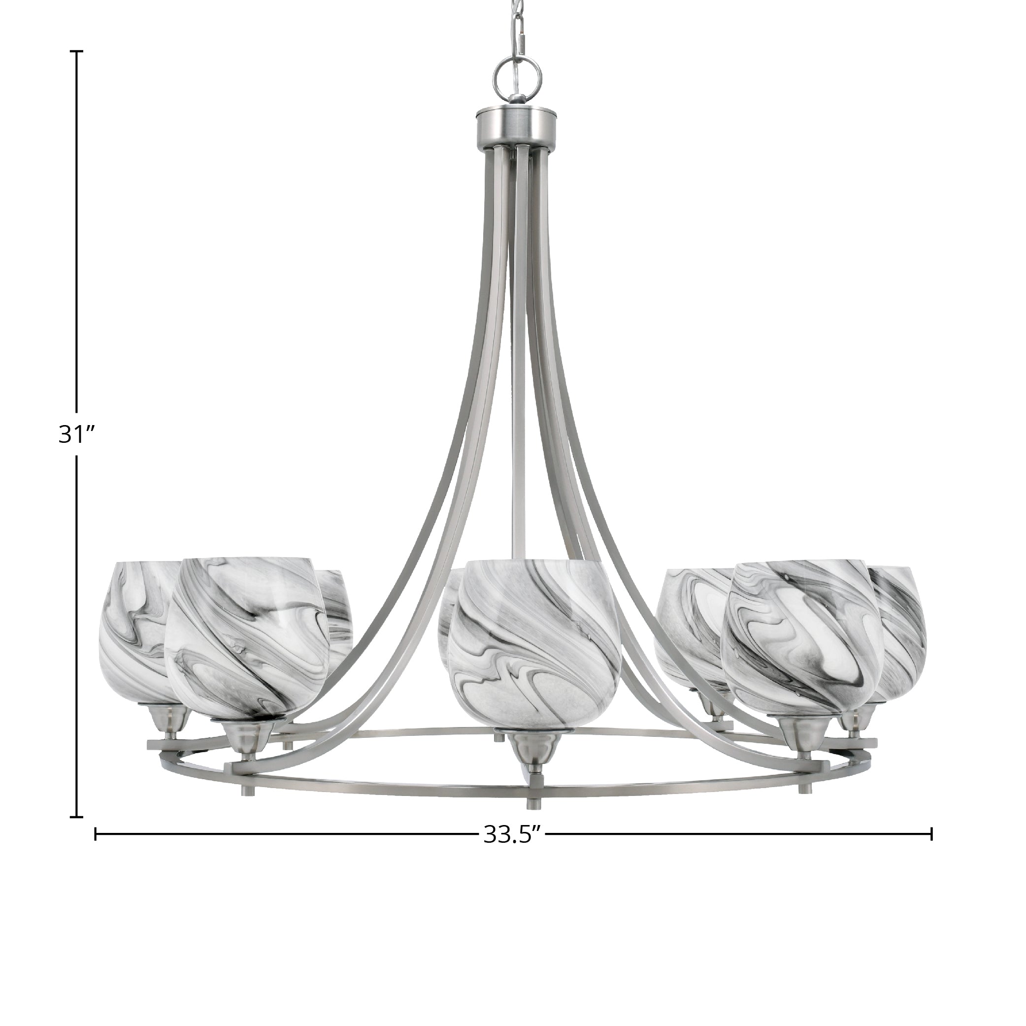 Paramount Eight Light Chandelier in Brushed Nickel with 6" Onyx Swirl Shade