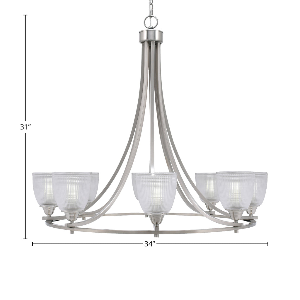 Paramount Eight Light Chandelier in Brushed Nickel with 5" Clear Ribbed Shade
