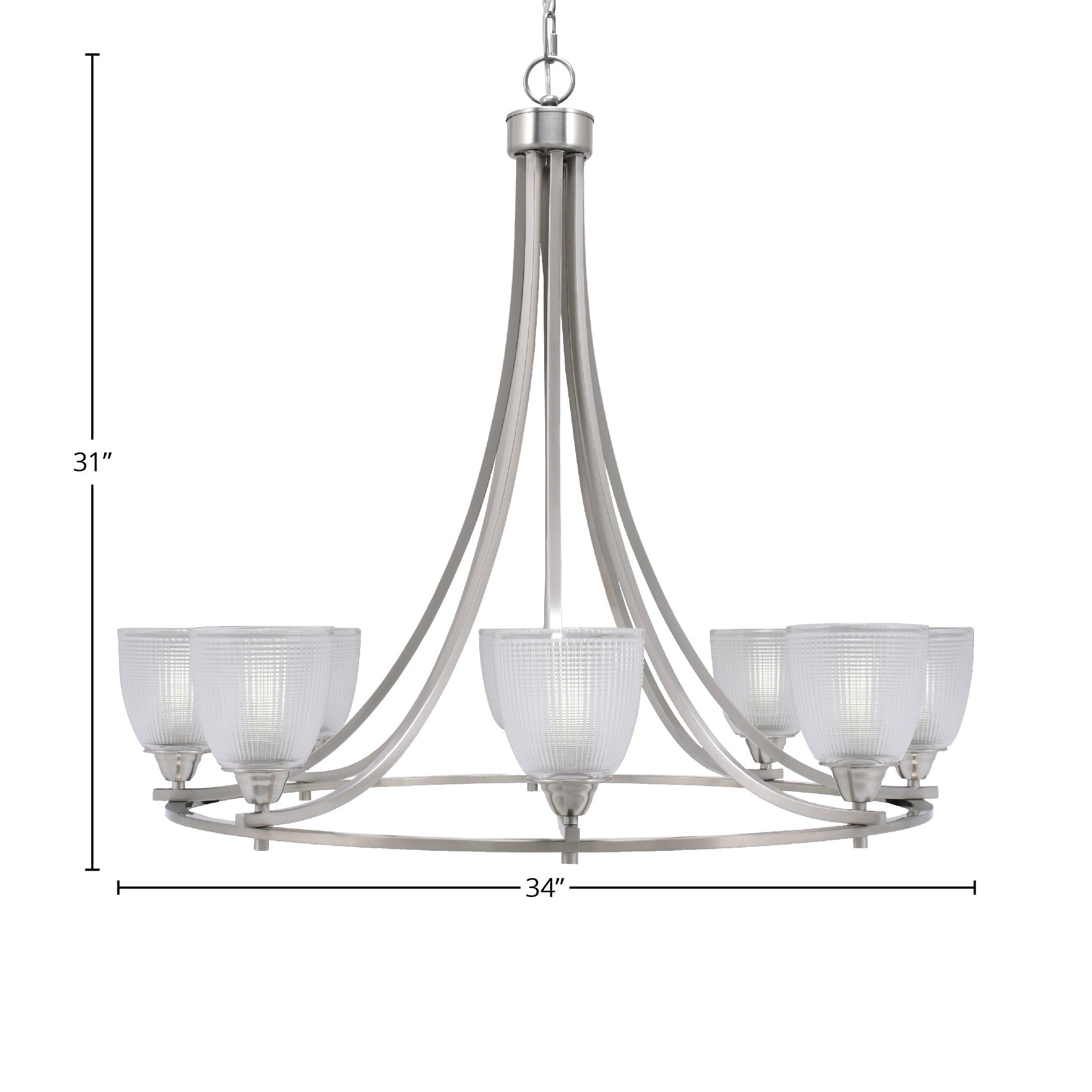 Paramount Eight Light Chandelier in Brushed Nickel with 5" Clear Ribbed Shade