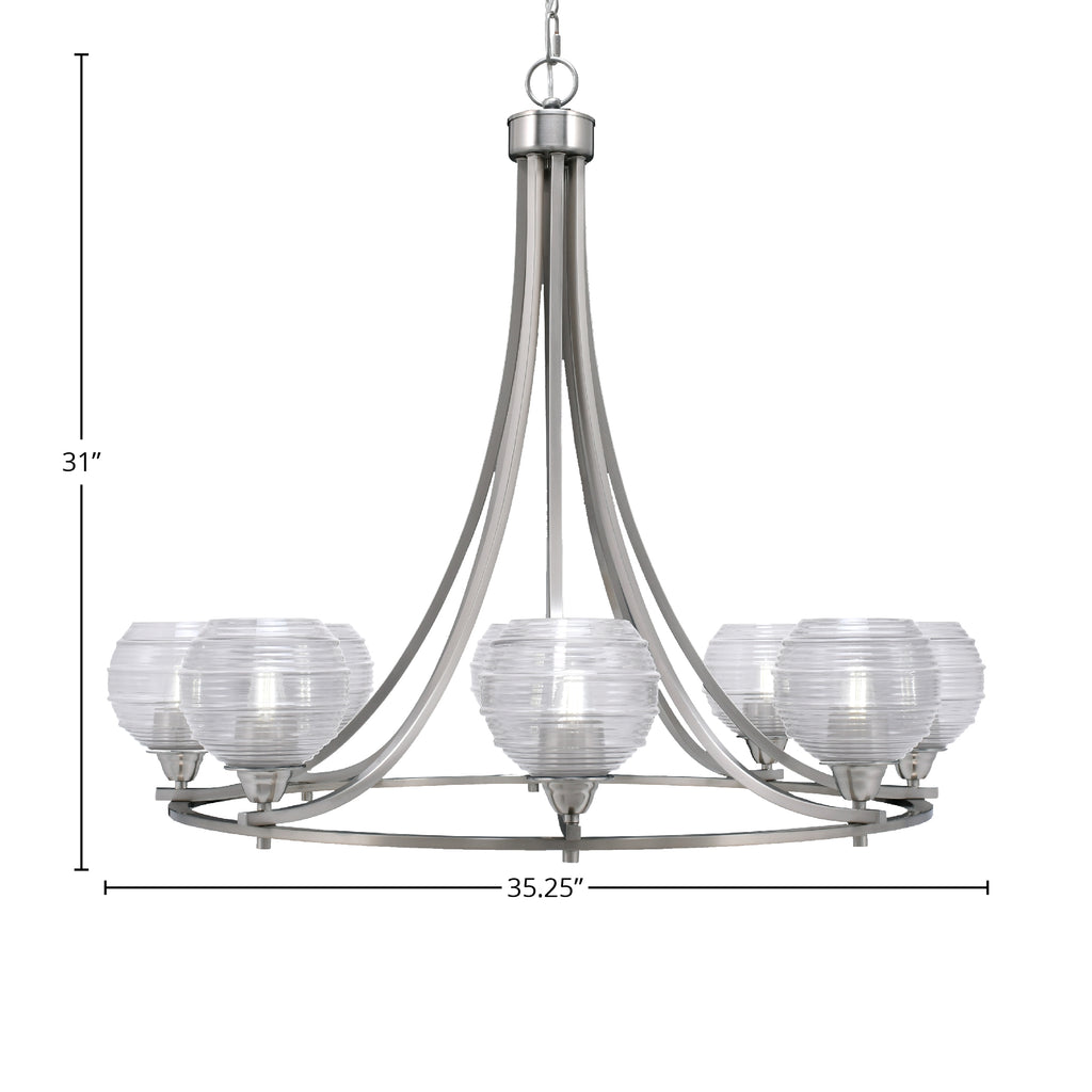 Paramount Eight Light Chandelier in Brushed Nickel with 6" Clear Ribbed Shade