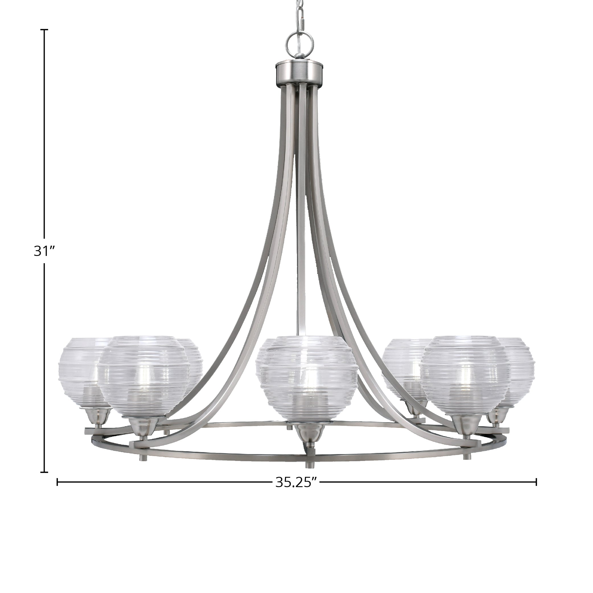 Paramount Eight Light Chandelier in Brushed Nickel with 6" Clear Ribbed Shade