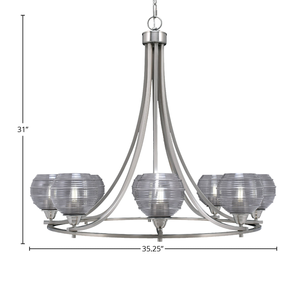 Paramount Eight Light Chandelier in Brushed Nickel with 6" Smoke Ribbed Shade