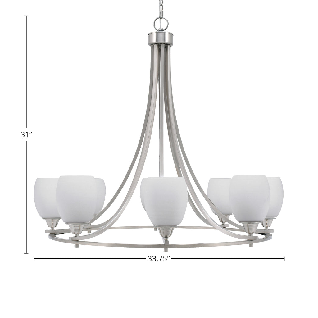 Paramount Eight Light Chandelier in Brushed Nickel with 5" White Linen Shade