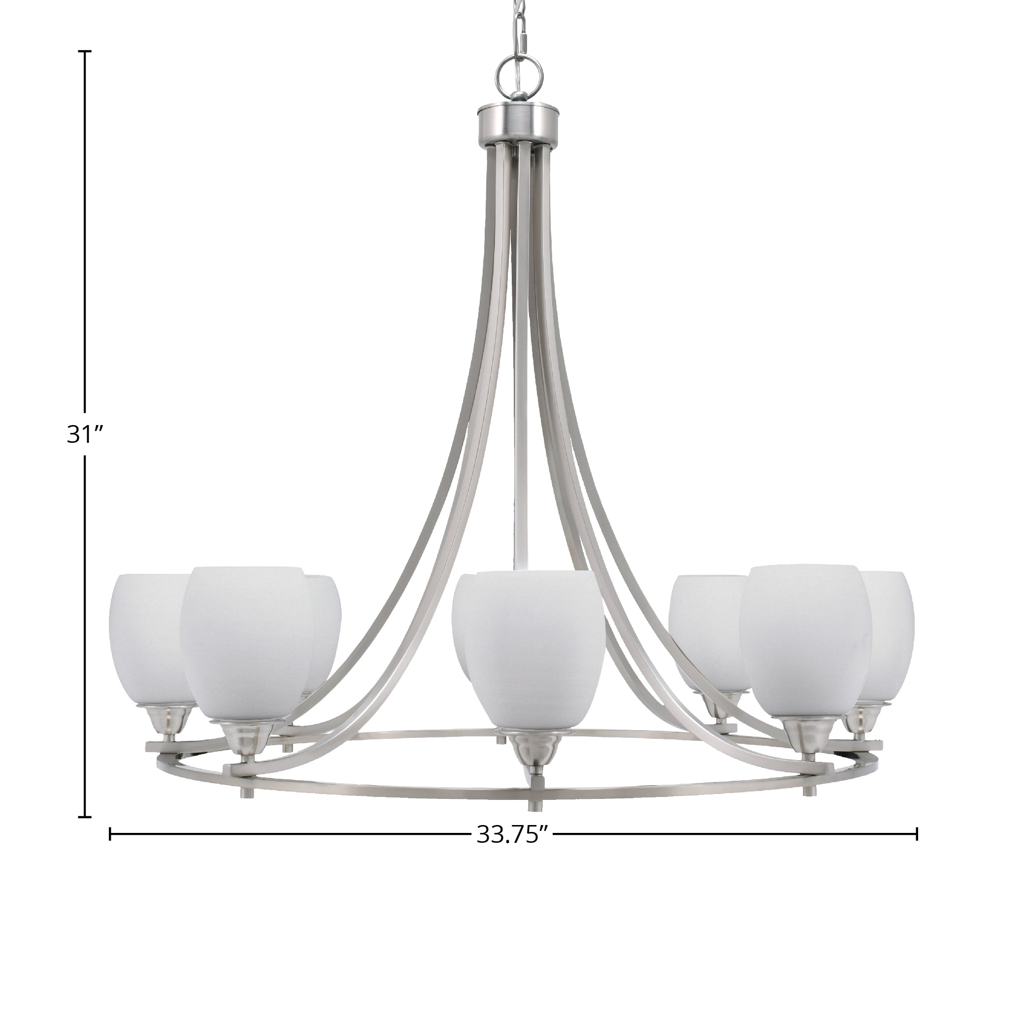 Paramount Eight Light Chandelier in Brushed Nickel with 5" White Linen Shade