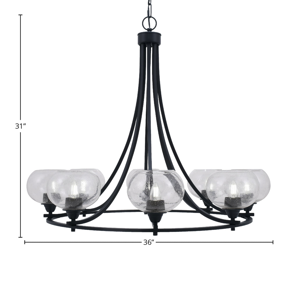 Paramount Eight Light Chandelier in Matte Black with 7" Clear Bubble Shade