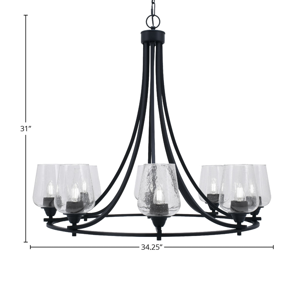 Paramount Eight Light Chandelier in Matte Black with 5" Clear Bubble Shade