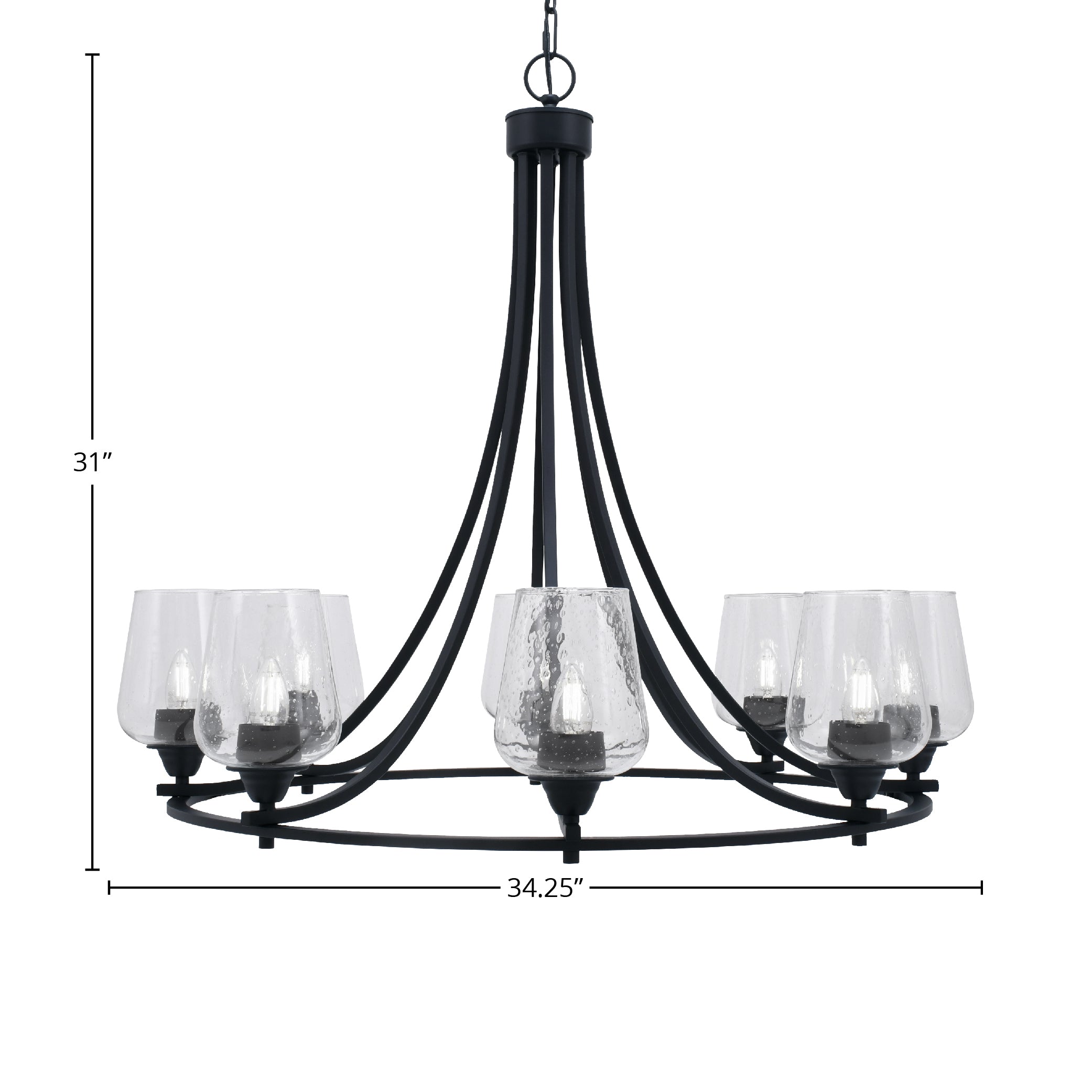 Paramount Eight Light Chandelier in Matte Black with 5" Clear Bubble Shade
