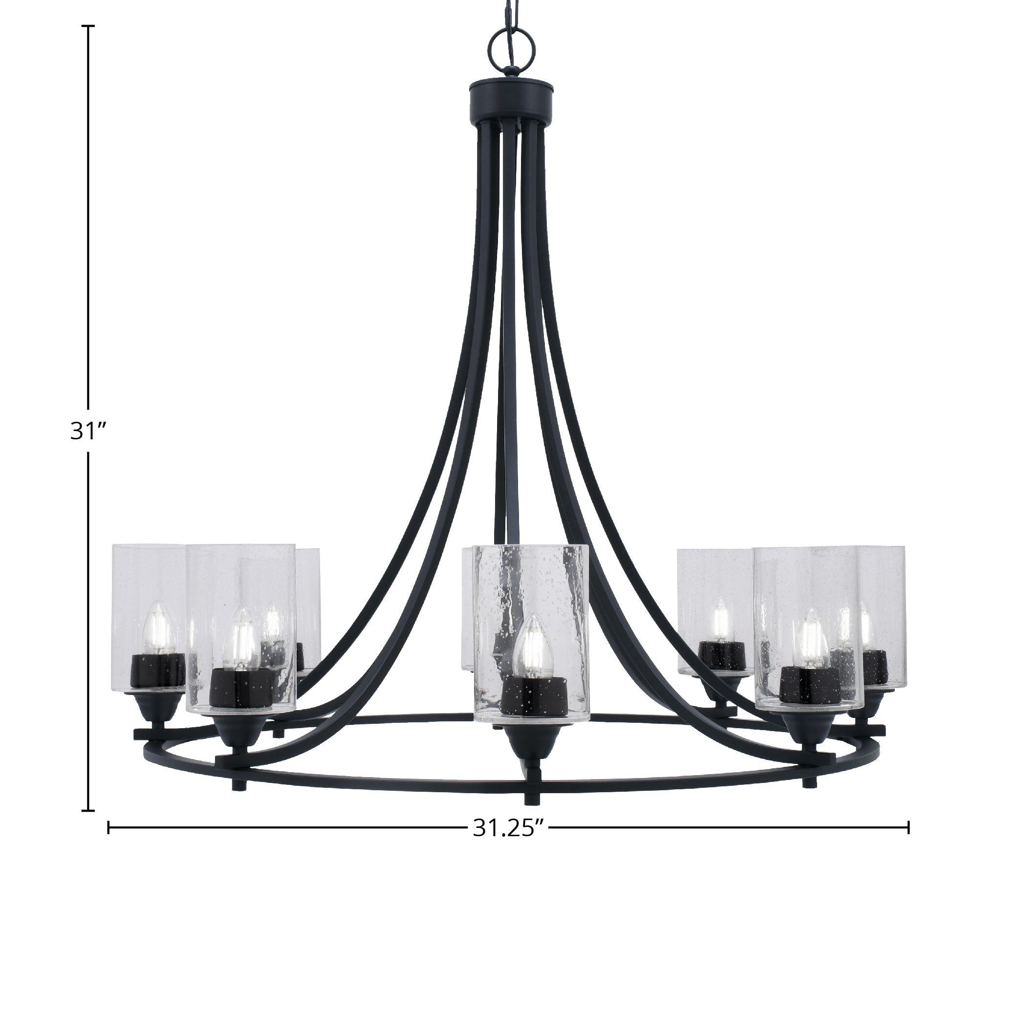 Paramount Eight Light Chandelier in Matte Black with 4" Clear Bubble Shade