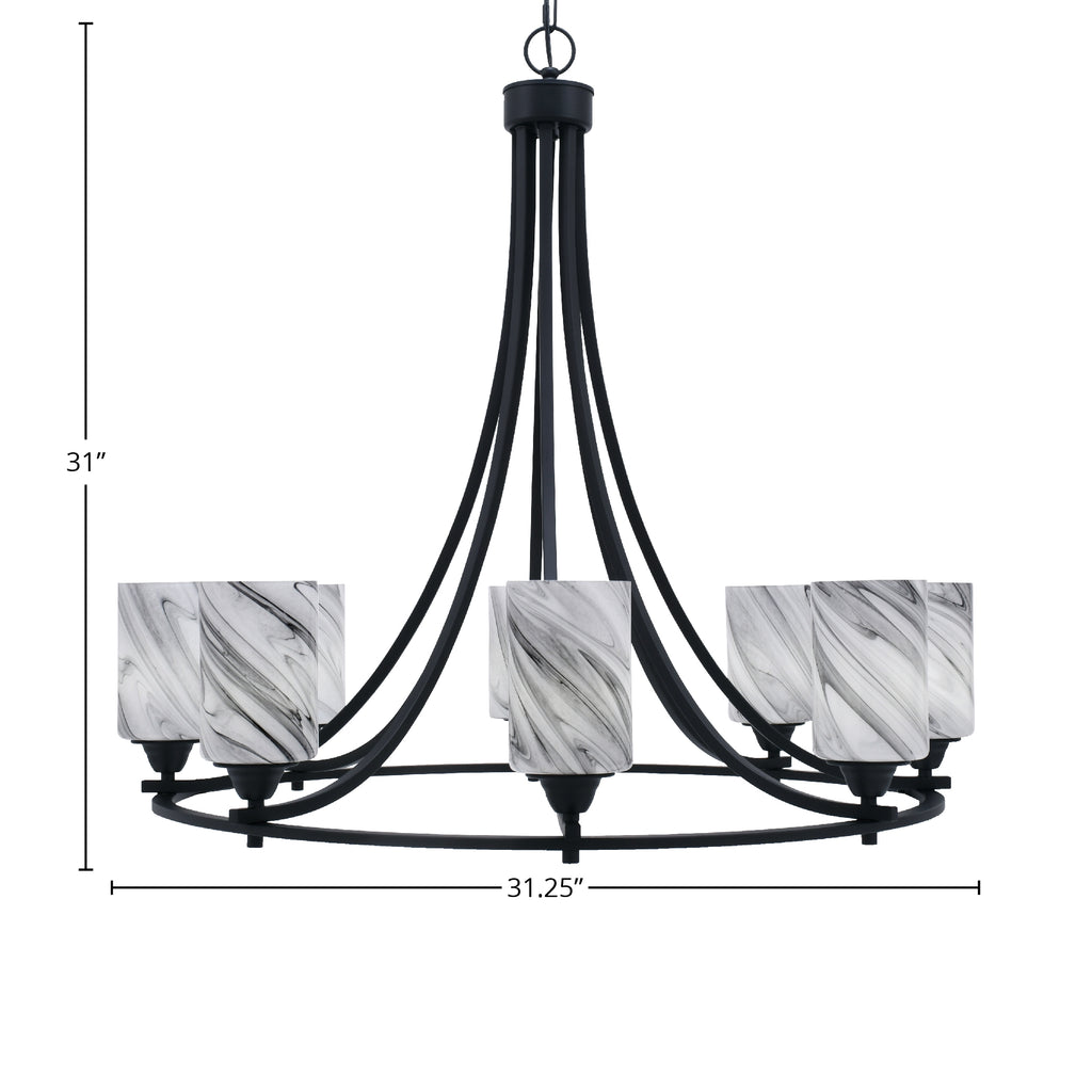 Paramount Eight Light Chandelier in Matte Black with 4" Onyx Swirl Shade