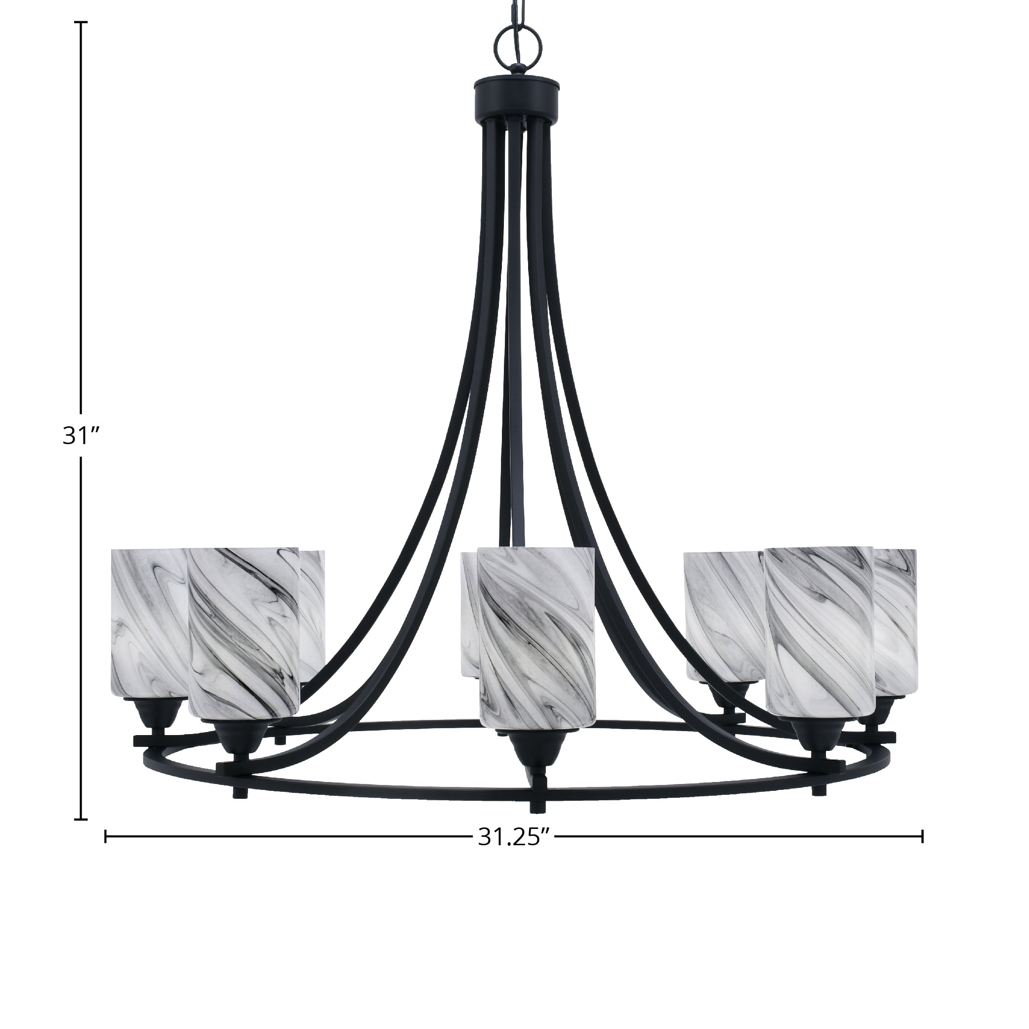 Paramount Eight Light Chandelier in Matte Black with 4" Onyx Swirl Shade