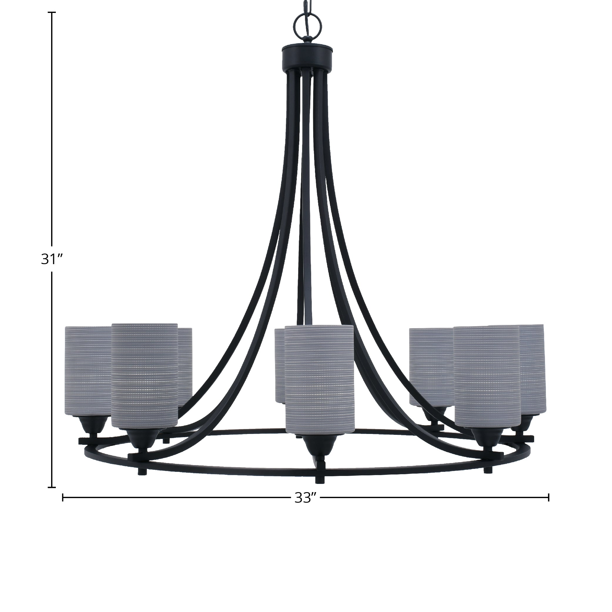 Paramount Eight Light Chandelier in Matte Black with 4" Gray Matrix Shade