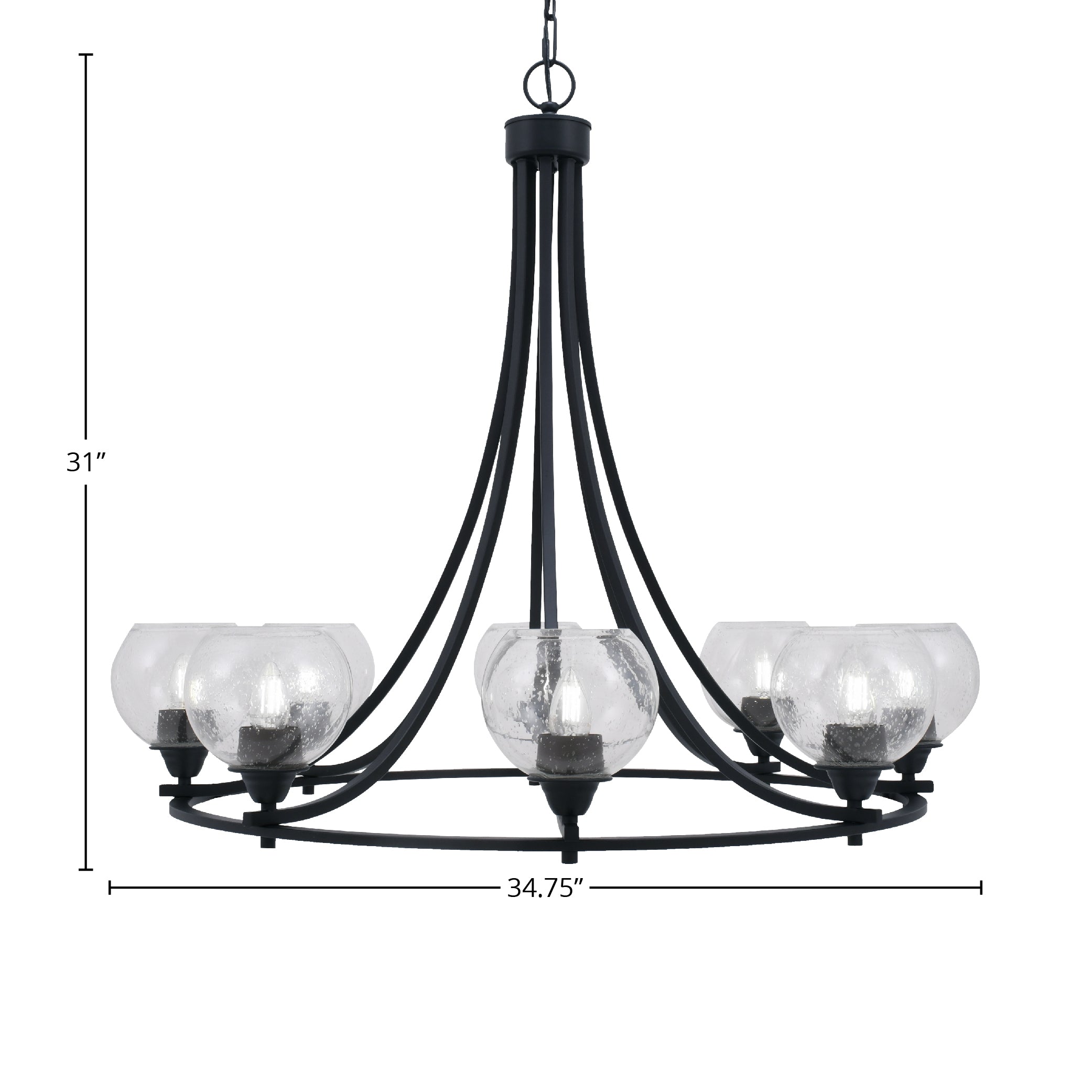 Paramount Eight Light Chandelier in Matte Black with 5.75" Clear Bubble Shade