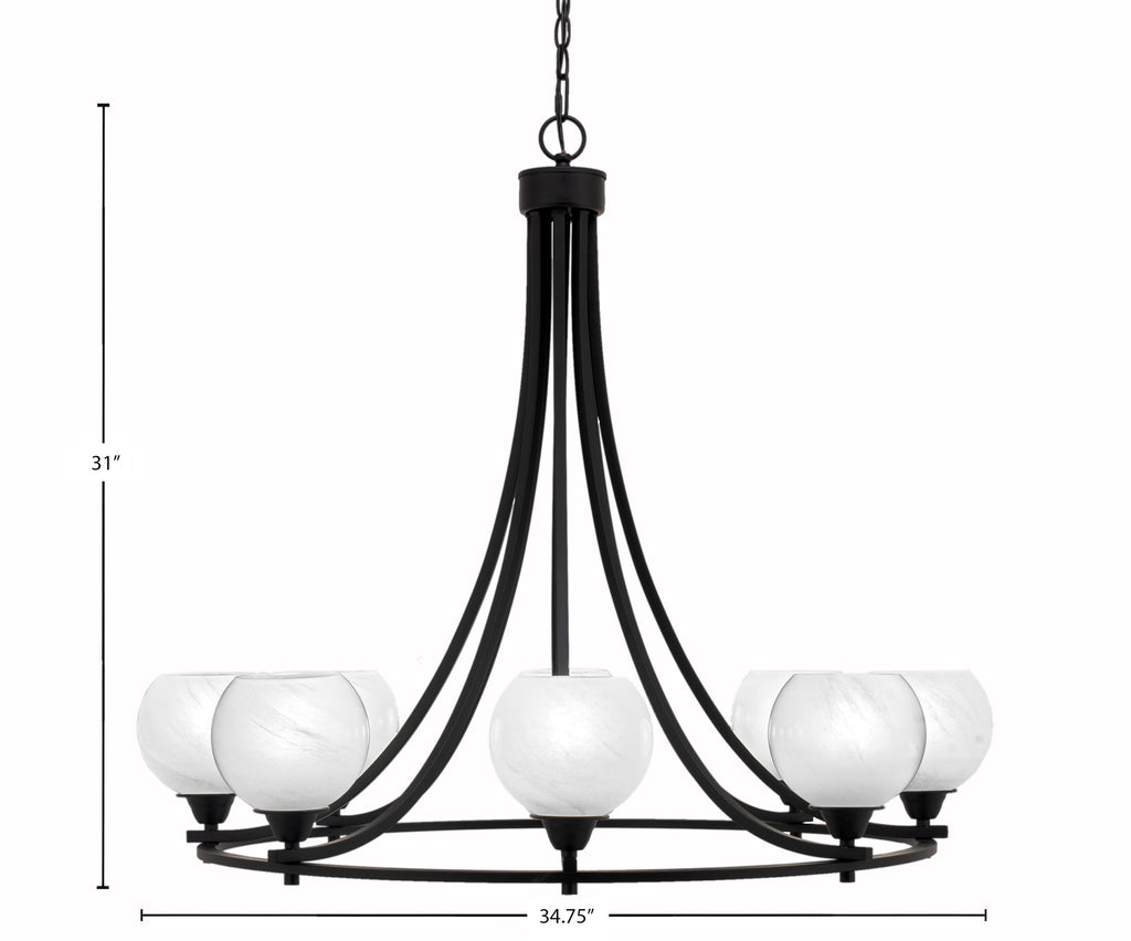 Paramount Eight Light Chandelier in Matte Black with 5.75" White Marble Shade