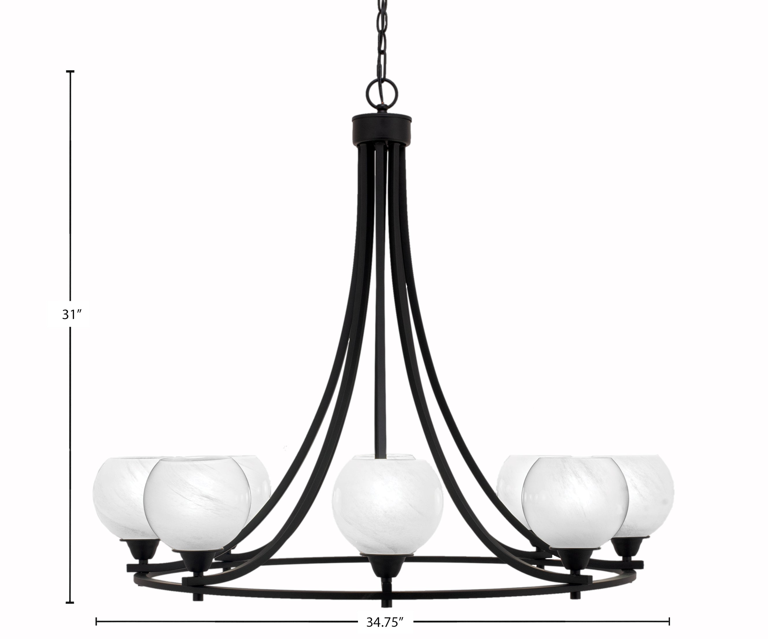 Paramount Eight Light Chandelier in Matte Black with 5.75" White Marble Shade
