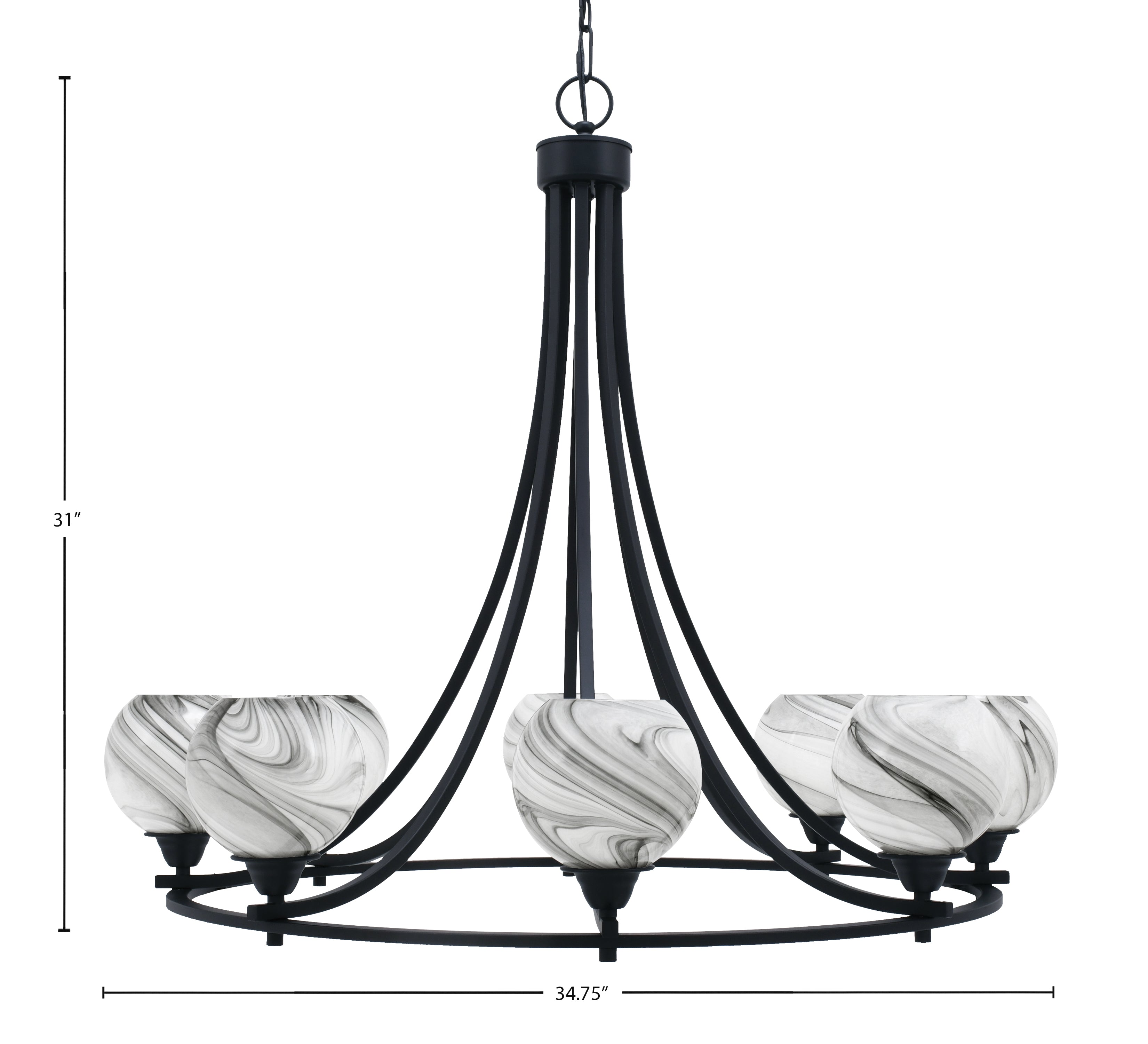 Paramount Eight Light Chandelier in Matte Black with 5.75" Onyx Swirl Shade