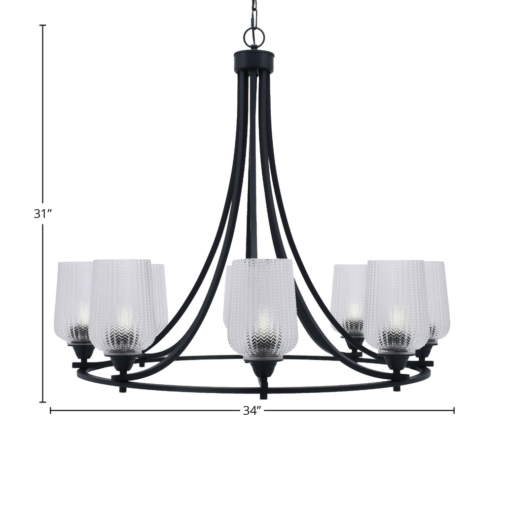Paramount Eight Light Chandelier in Matte Black with 5" Clear Textured Shade