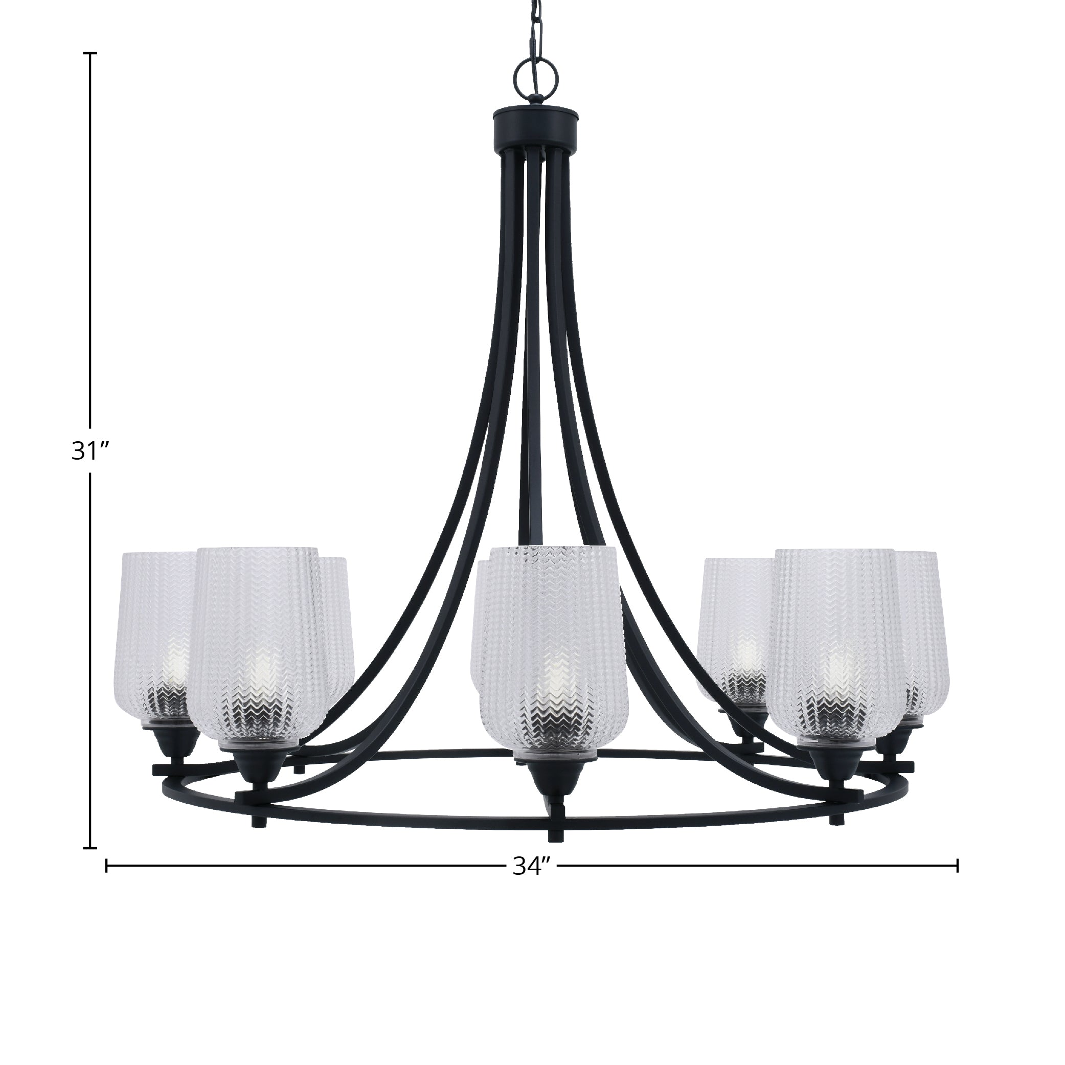Paramount Eight Light Chandelier in Matte Black with 5" Clear Textured Shade