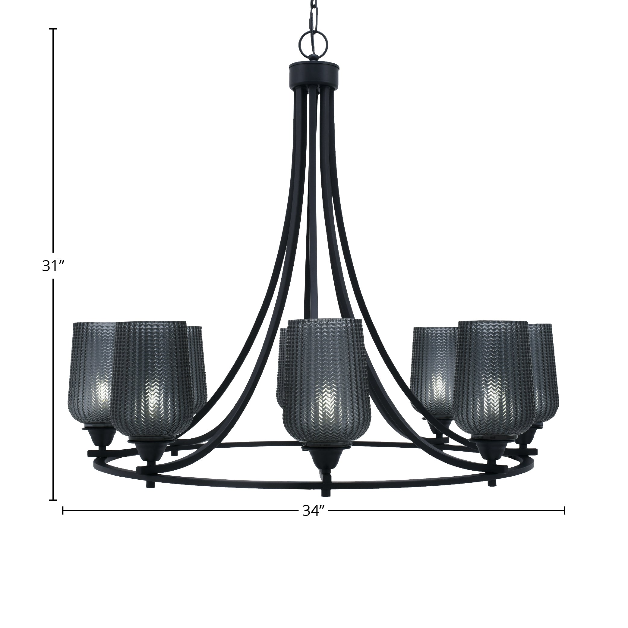 Paramount Eight Light Chandelier in Matte Black with 5" Smoke Textured Shade