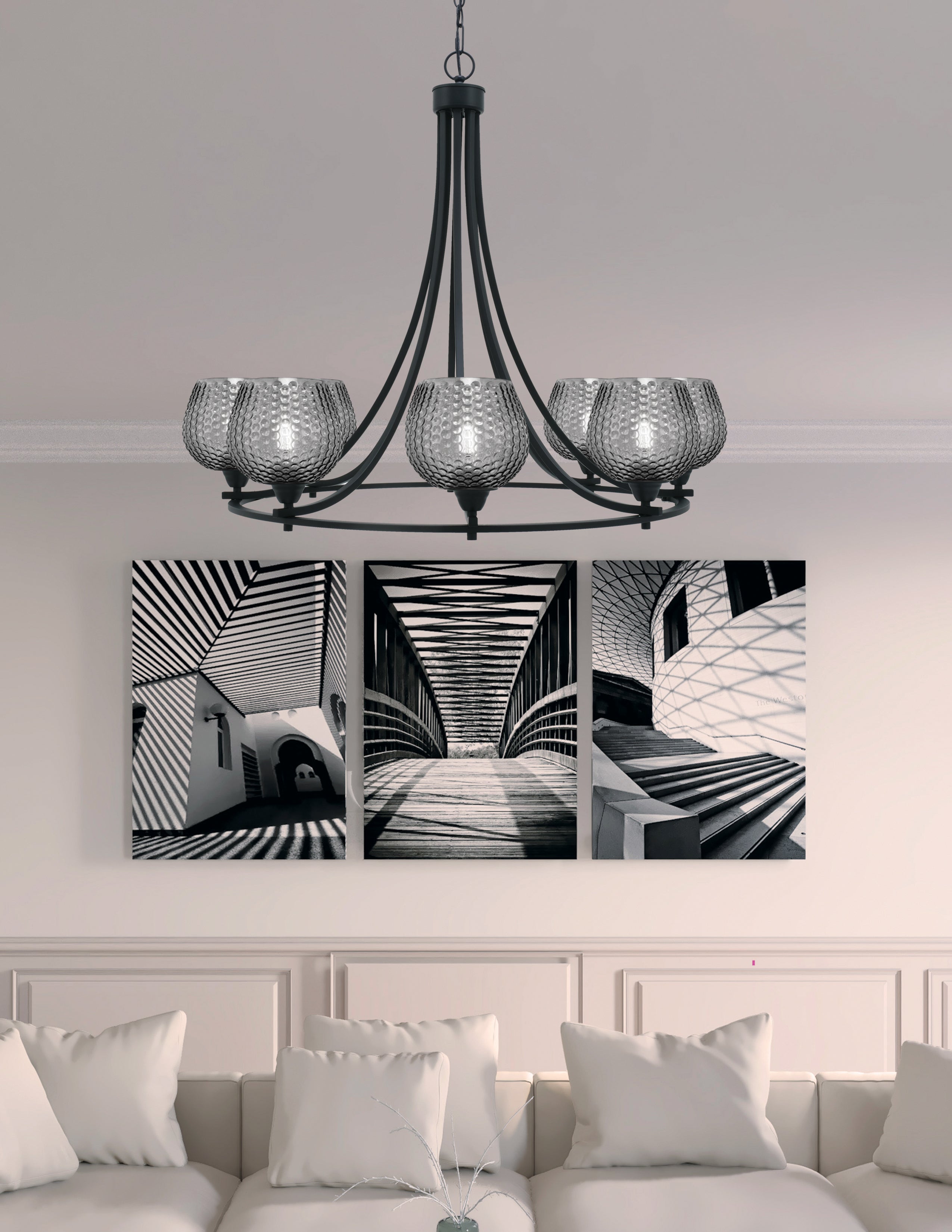 Paramount Eight Light Chandelier in Matte Black with Smoke Textured Shade