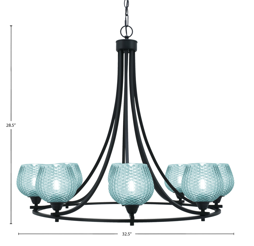 Paramount Eight Light Chandelier in Matte Black with Turquoise Textured Shade