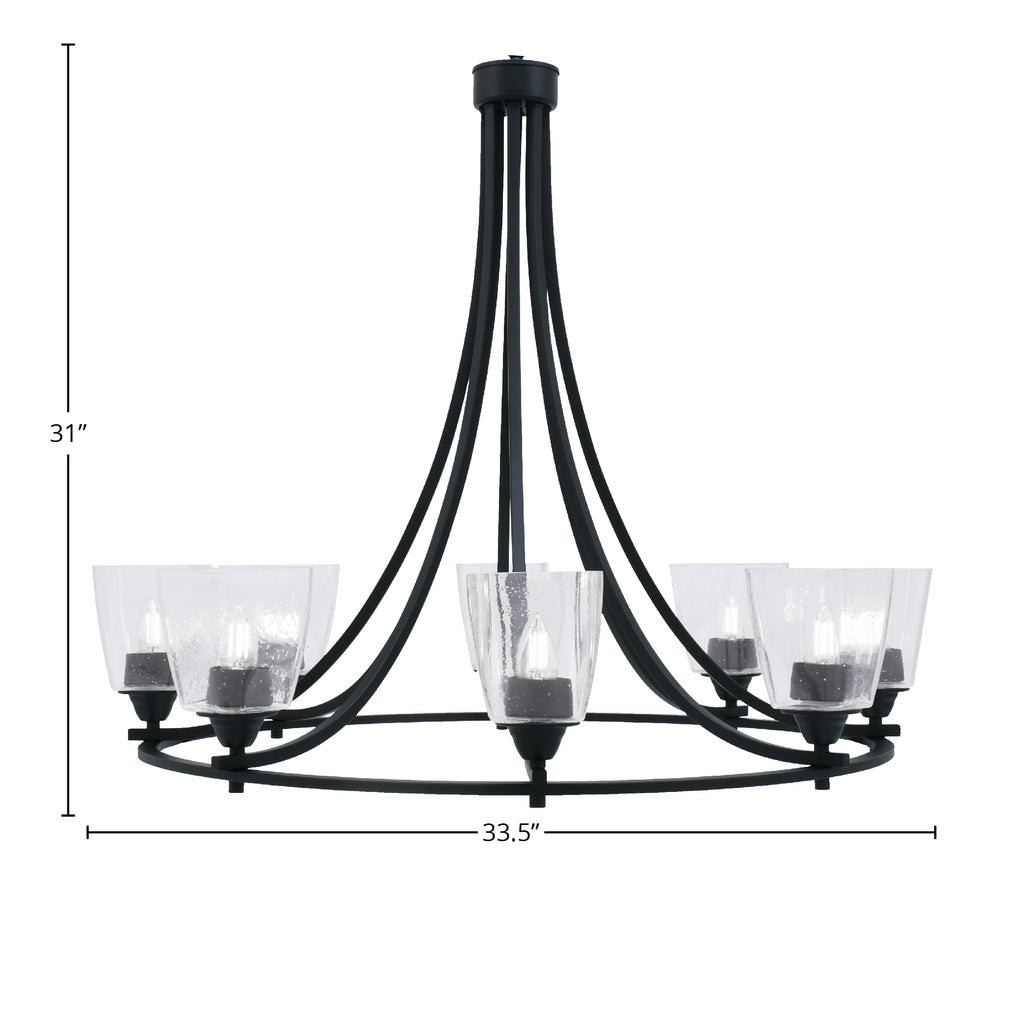 Paramount Eight Light Chandelier in Matte Black with 4.5" Square Clear Bubble Shade