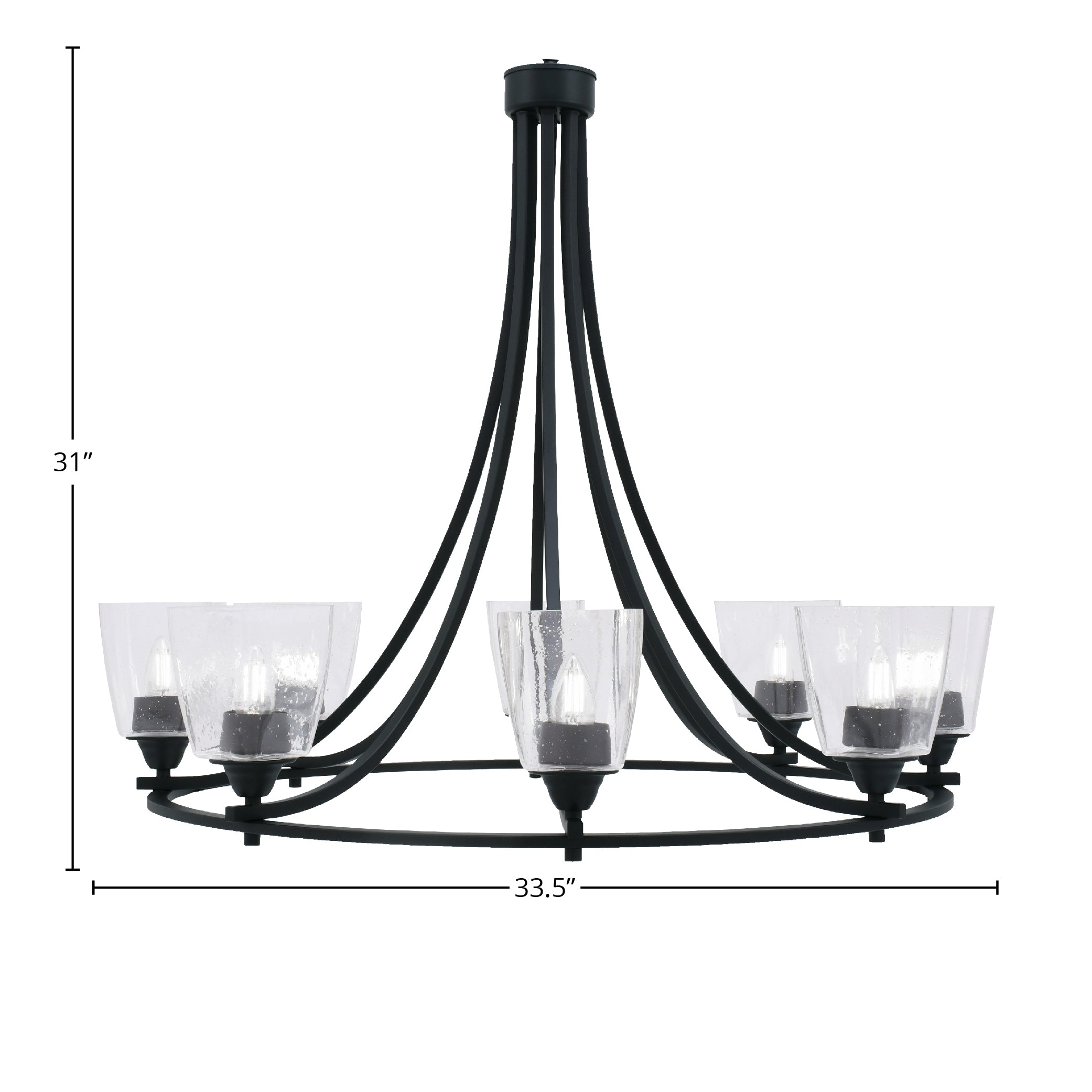 Paramount Eight Light Chandelier in Matte Black with 4.5" Square Clear Bubble Shade