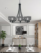 Paramount Eight Light Chandelier in Matte Black with Smoke Textured Shade