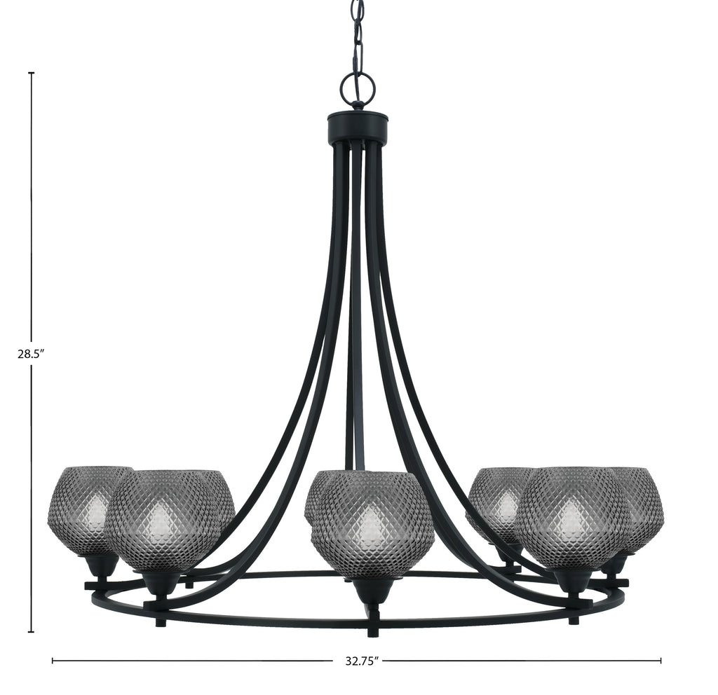 Paramount Eight Light Chandelier in Matte Black with Smoke Textured Shade