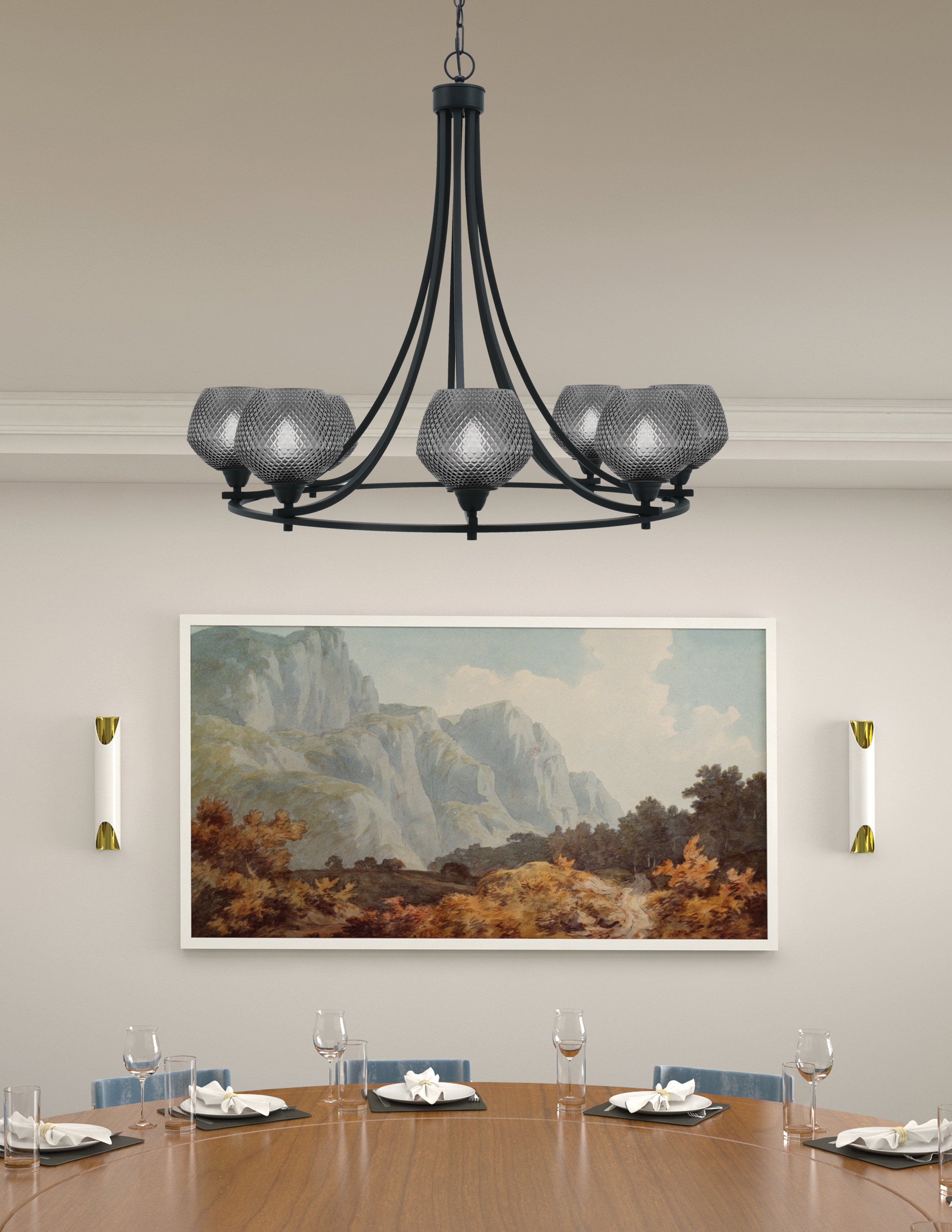Paramount Eight Light Chandelier in Matte Black with Smoke Textured Shade