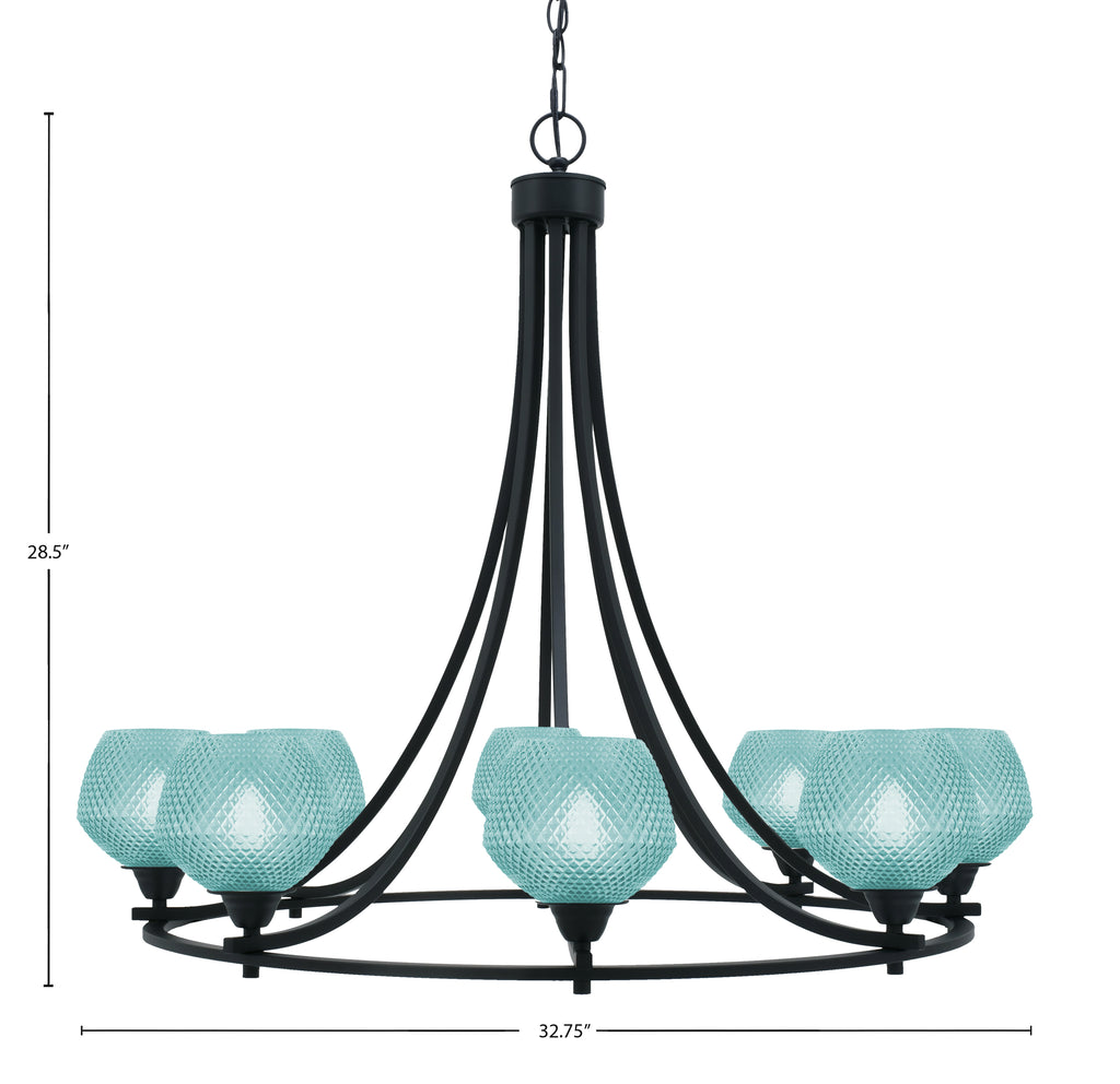Paramount Eight Light Chandelier in Matte Black with Turquoise Textured Shade