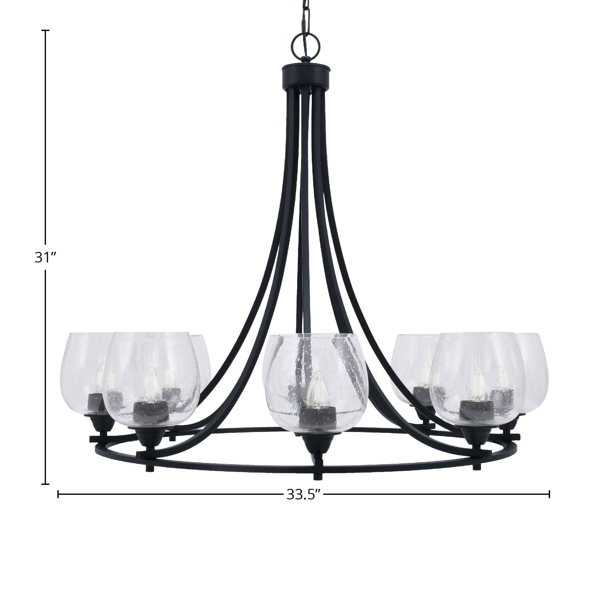 Paramount Eight Light Chandelier in Matte Black with 6" Clear Bubble Shade