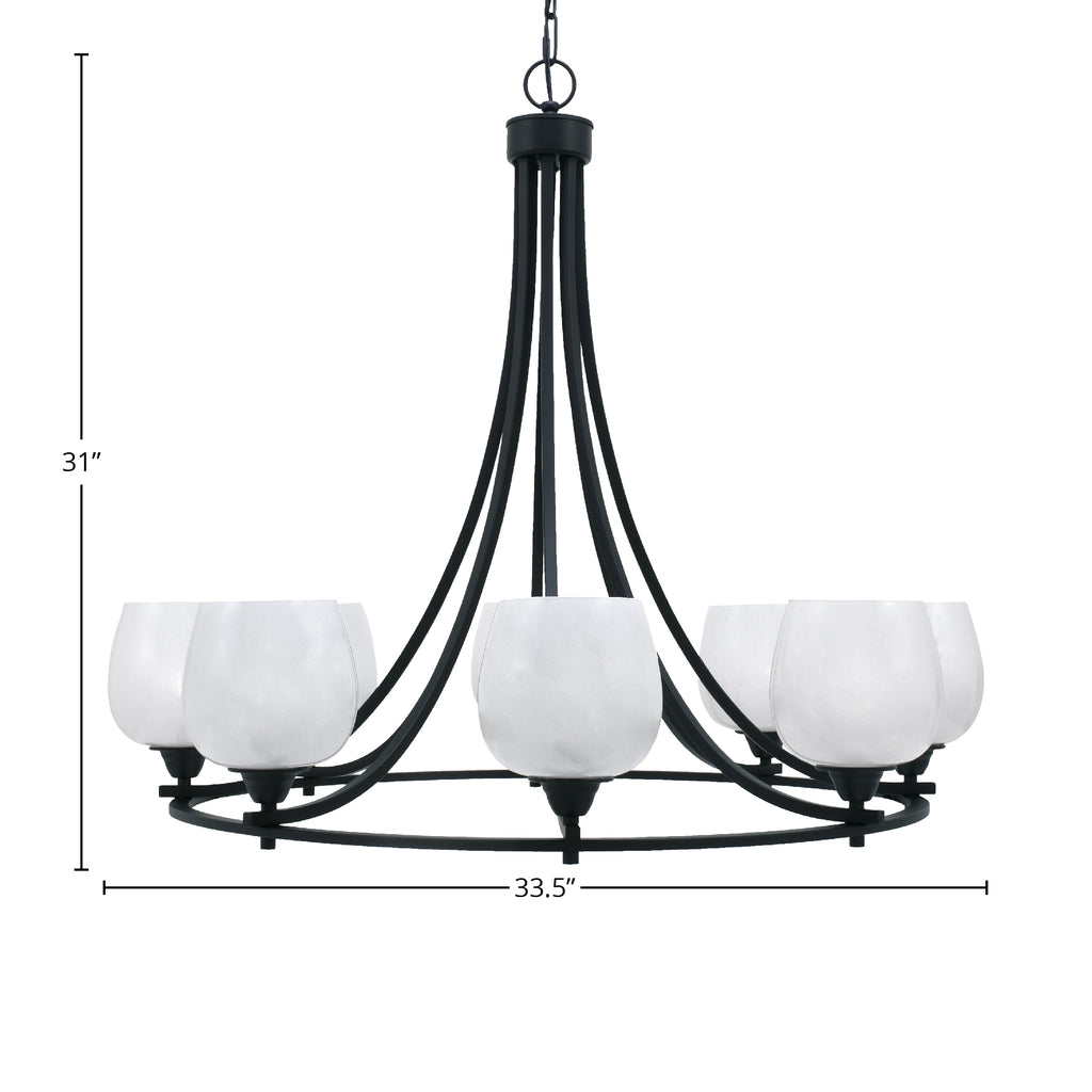 Paramount Eight Light Chandelier in Matte Black with 6" White Marble Shade