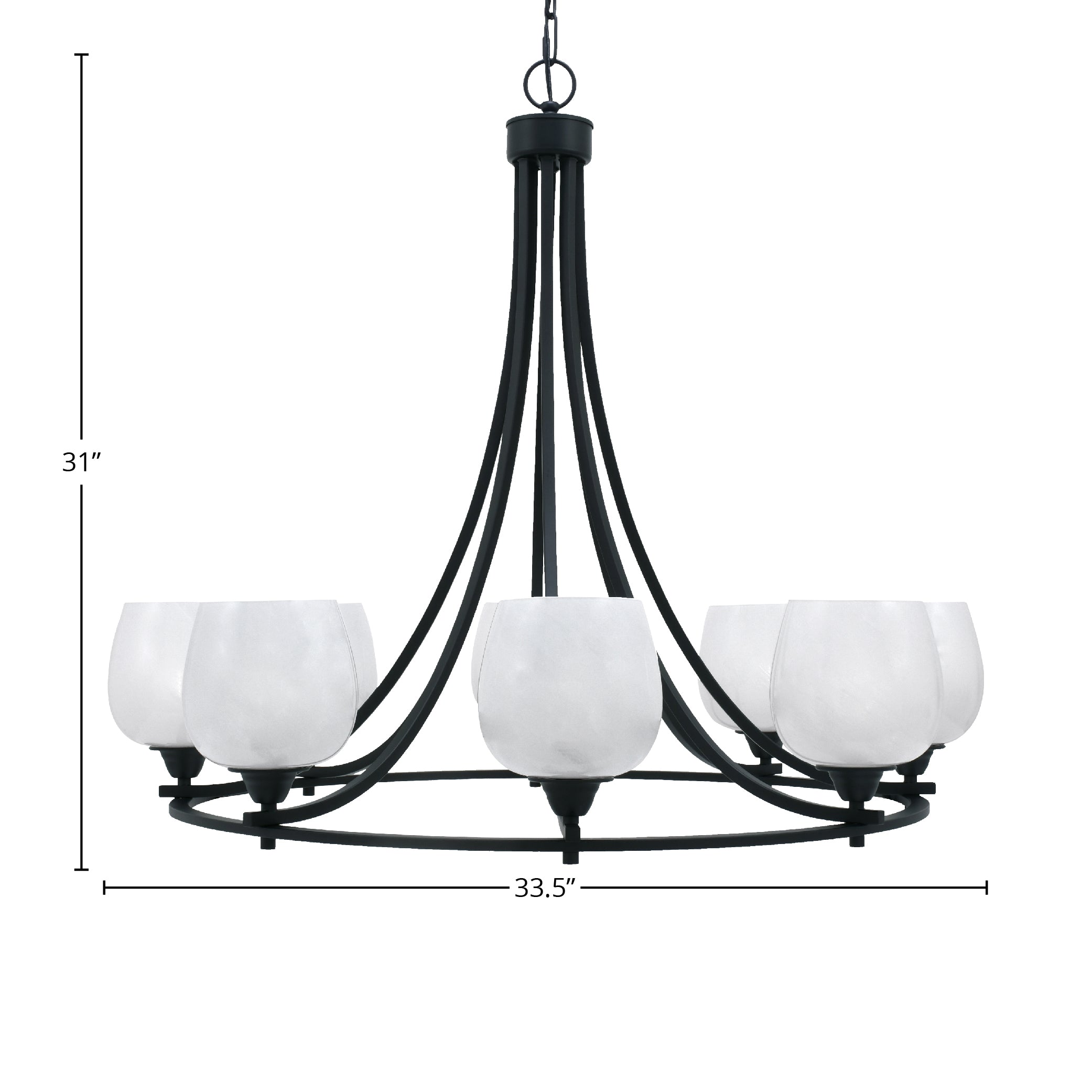 Paramount Eight Light Chandelier in Matte Black with 6" White Marble Shade