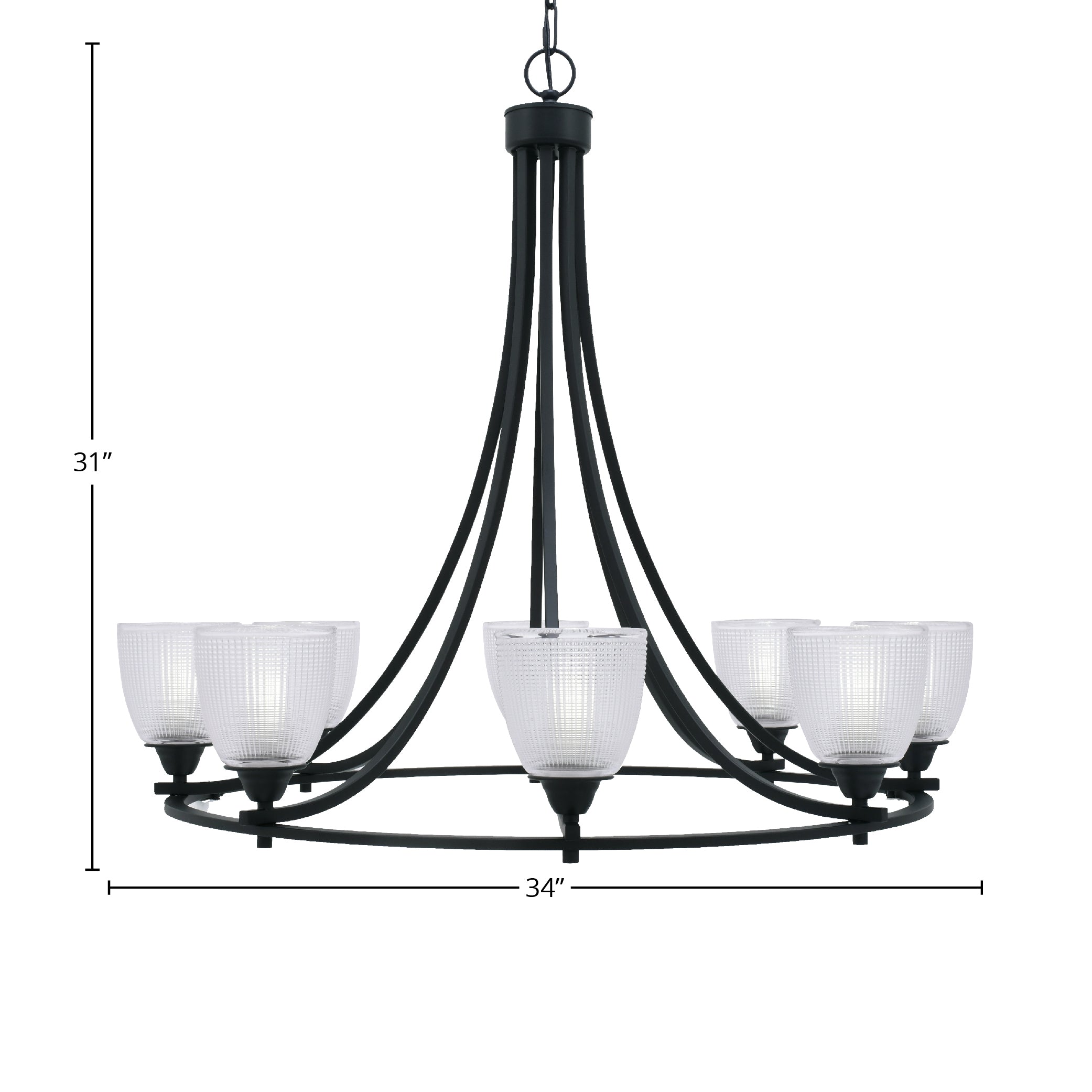 Paramount Eight Light Chandelier in Matte Black with 5" Clear Ribbed Shade