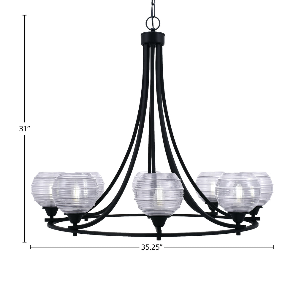 Paramount Eight Light Chandelier in Matte Black with 6" Clear Ribbed Shade