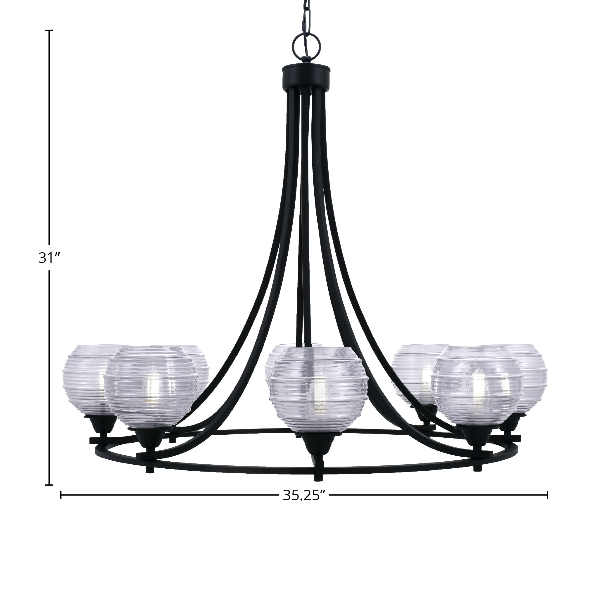 Paramount Eight Light Chandelier in Matte Black with 6" Clear Ribbed Shade