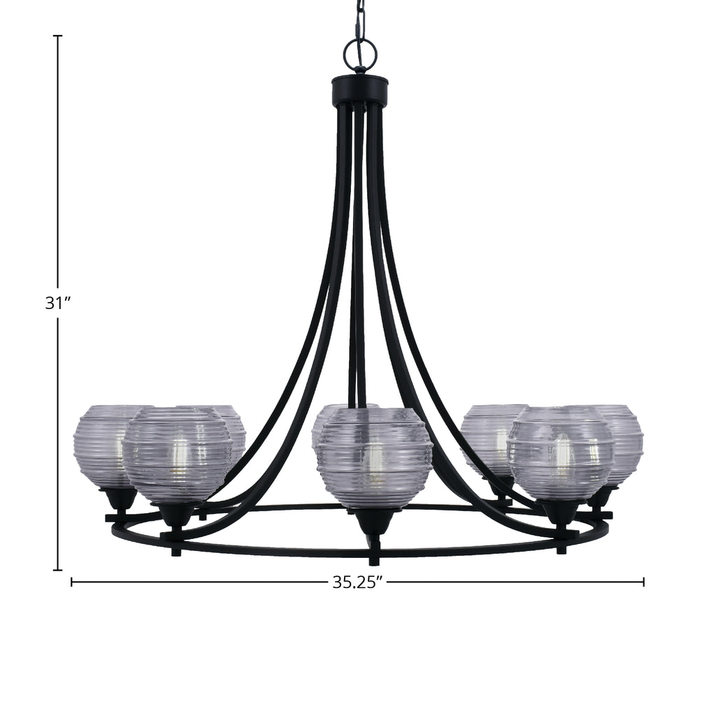 Paramount Eight Light Chandelier in Matte Black with 6" Smoke Ribbed Shade