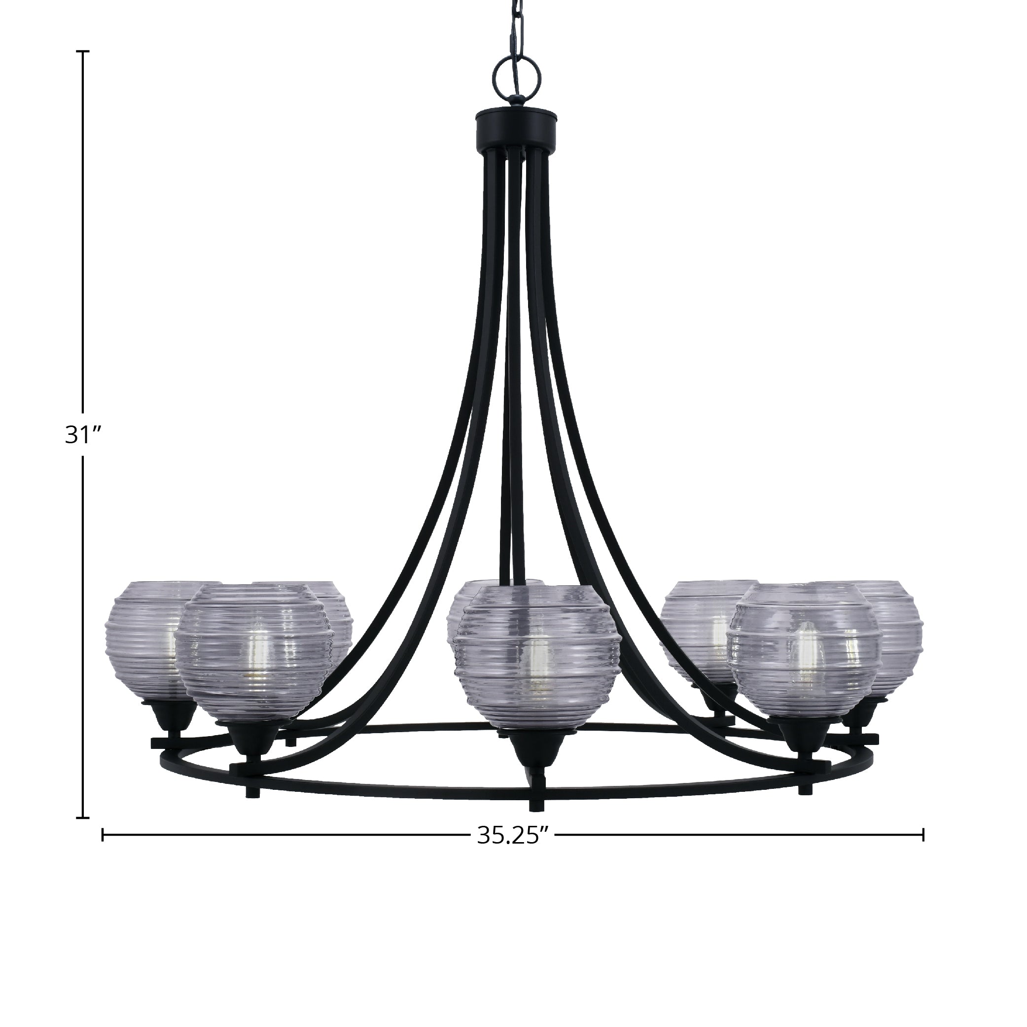 Paramount Eight Light Chandelier in Matte Black with 6" Smoke Ribbed Shade