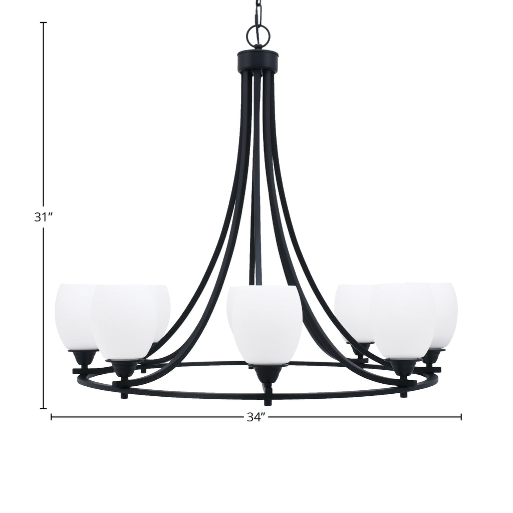 Paramount Eight Light Chandelier in Matte Black with 5" White Linen Shade