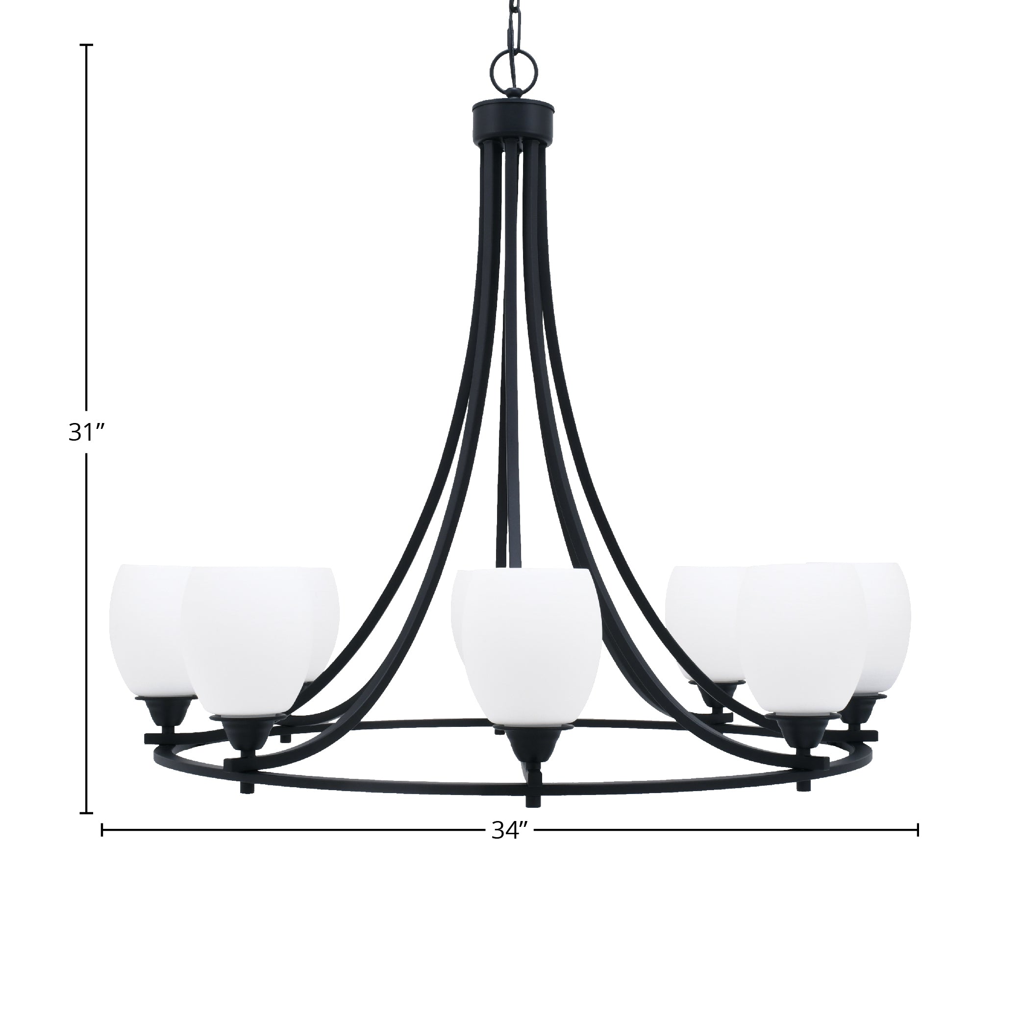 Paramount Eight Light Chandelier in Matte Black with 5" White Linen Shade