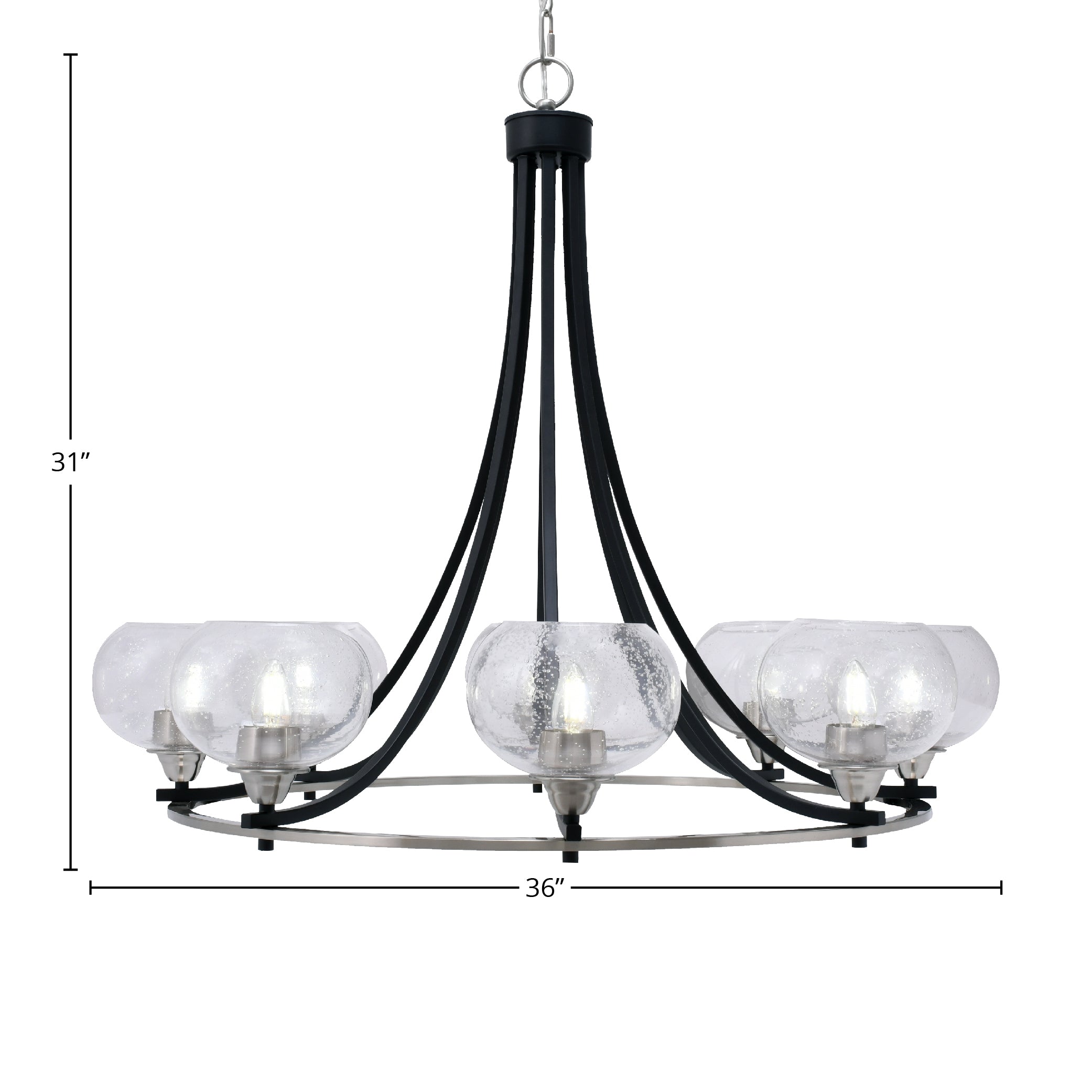 Paramount Eight Light Chandelier in Matte Black & Brushed Nickel with 7" Clear Bubble Shade