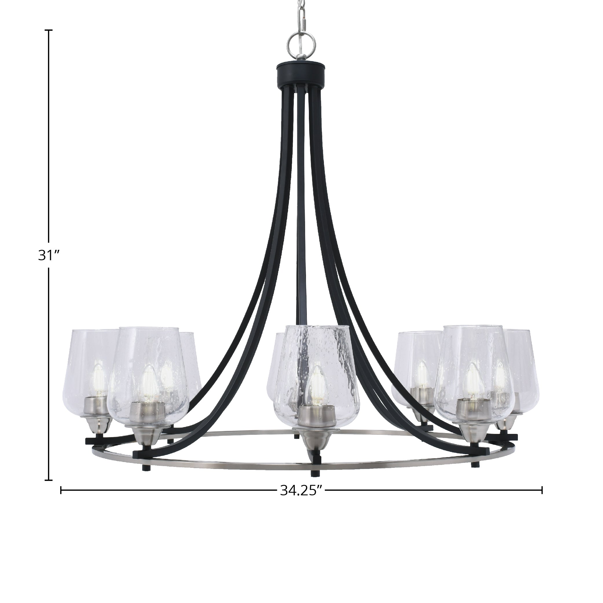 Paramount Eight Light Chandelier in Matte Black & Brushed Nickel with 5" Clear Bubble Shade
