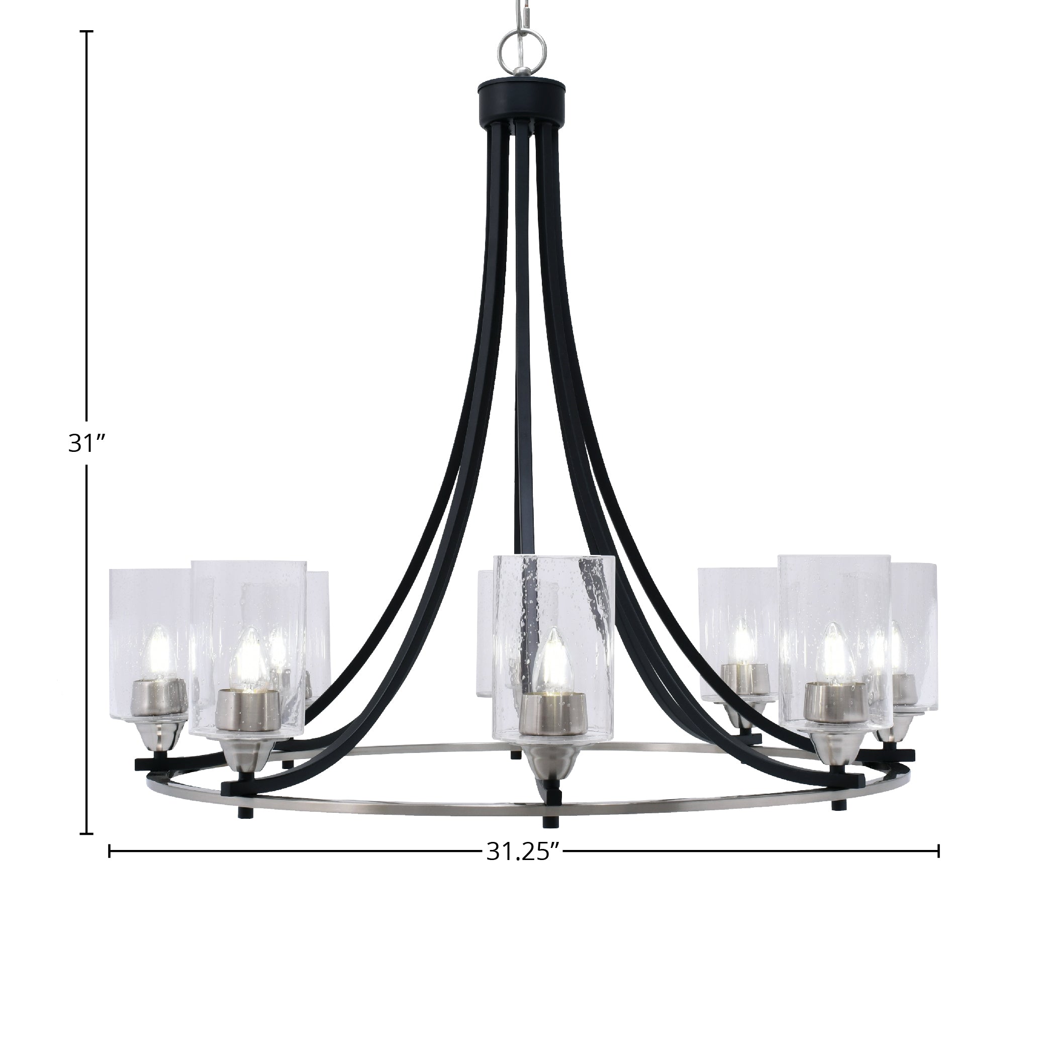 Paramount Eight Light Chandelier in Matte Black & Brushed Nickel with 4" Clear Bubble Shade