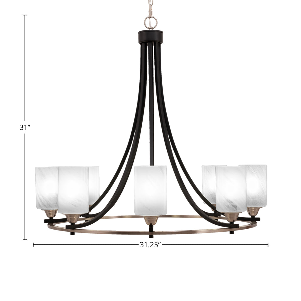 Paramount Eight Light Chandelier in Matte Black & Brushed Nickel with 4" White Marble Shade
