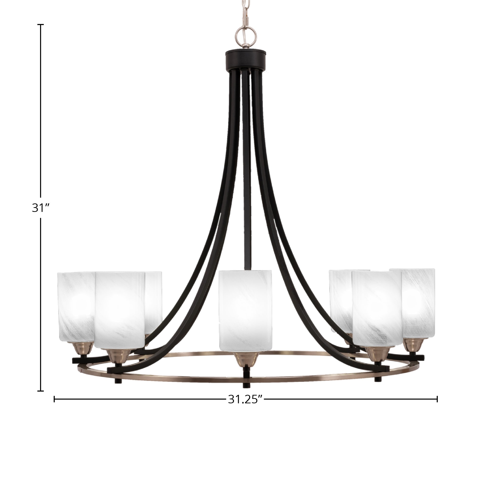 Paramount Eight Light Chandelier in Matte Black & Brushed Nickel with 4" White Marble Shade