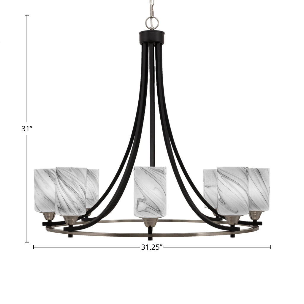 Paramount Eight Light Chandelier in Matte Black & Brushed Nickel with 4" Onyx Swirl Shade