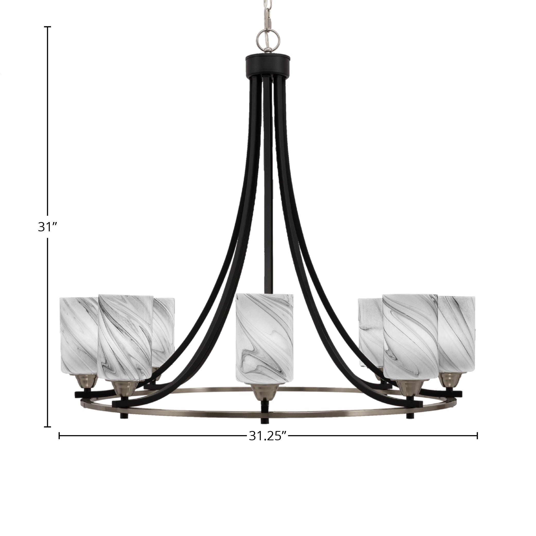 Paramount Eight Light Chandelier in Matte Black & Brushed Nickel with 4" Onyx Swirl Shade