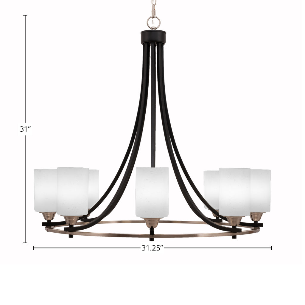 Paramount Eight Light Chandelier in Matte Black & Brushed Nickel with 4" White Muslin Shade