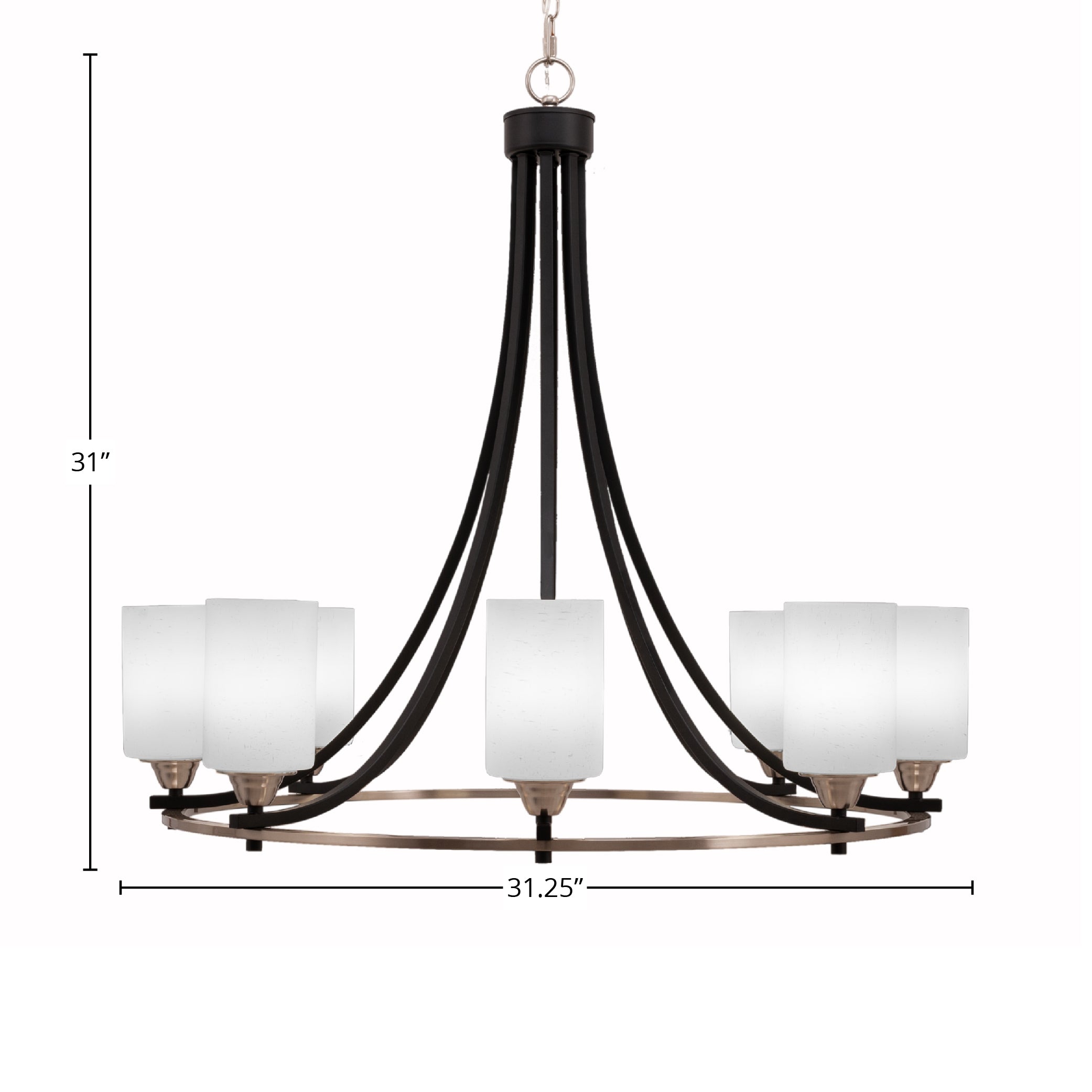 Paramount Eight Light Chandelier in Matte Black & Brushed Nickel with 4" White Muslin Shade